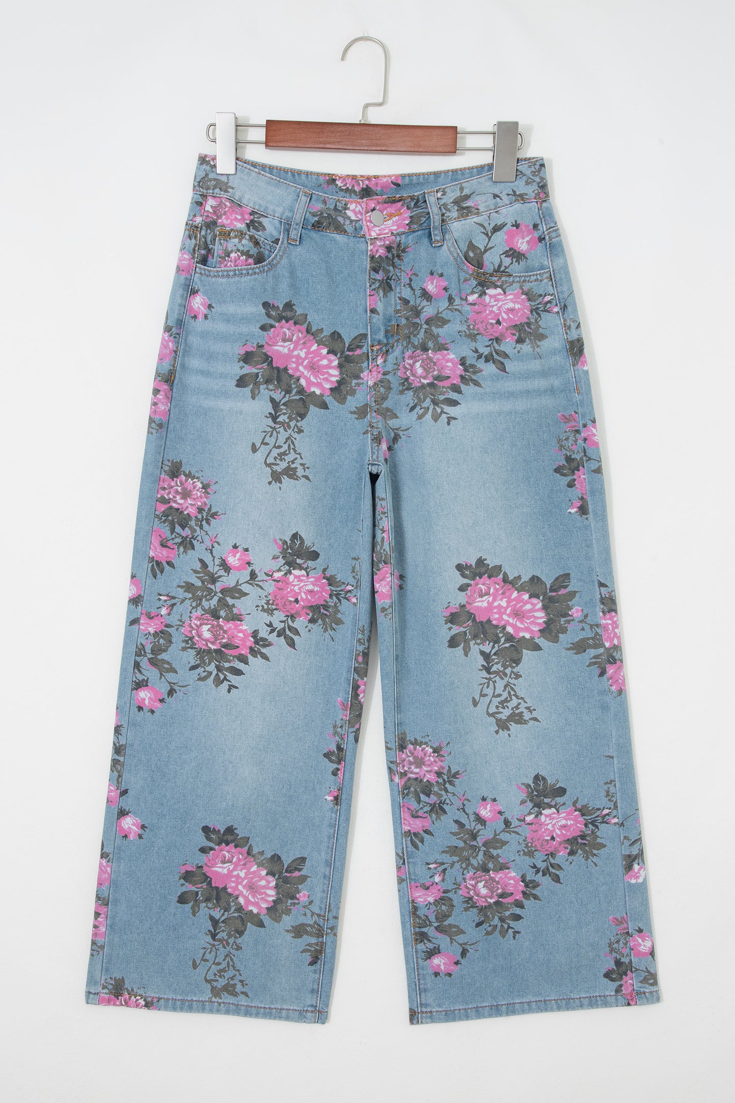 Sky Blue Garden Floral Print Bootcut Jeans-Bottoms/Jeans-[Adult]-[Female]-2022 Online Blue Zone Planet