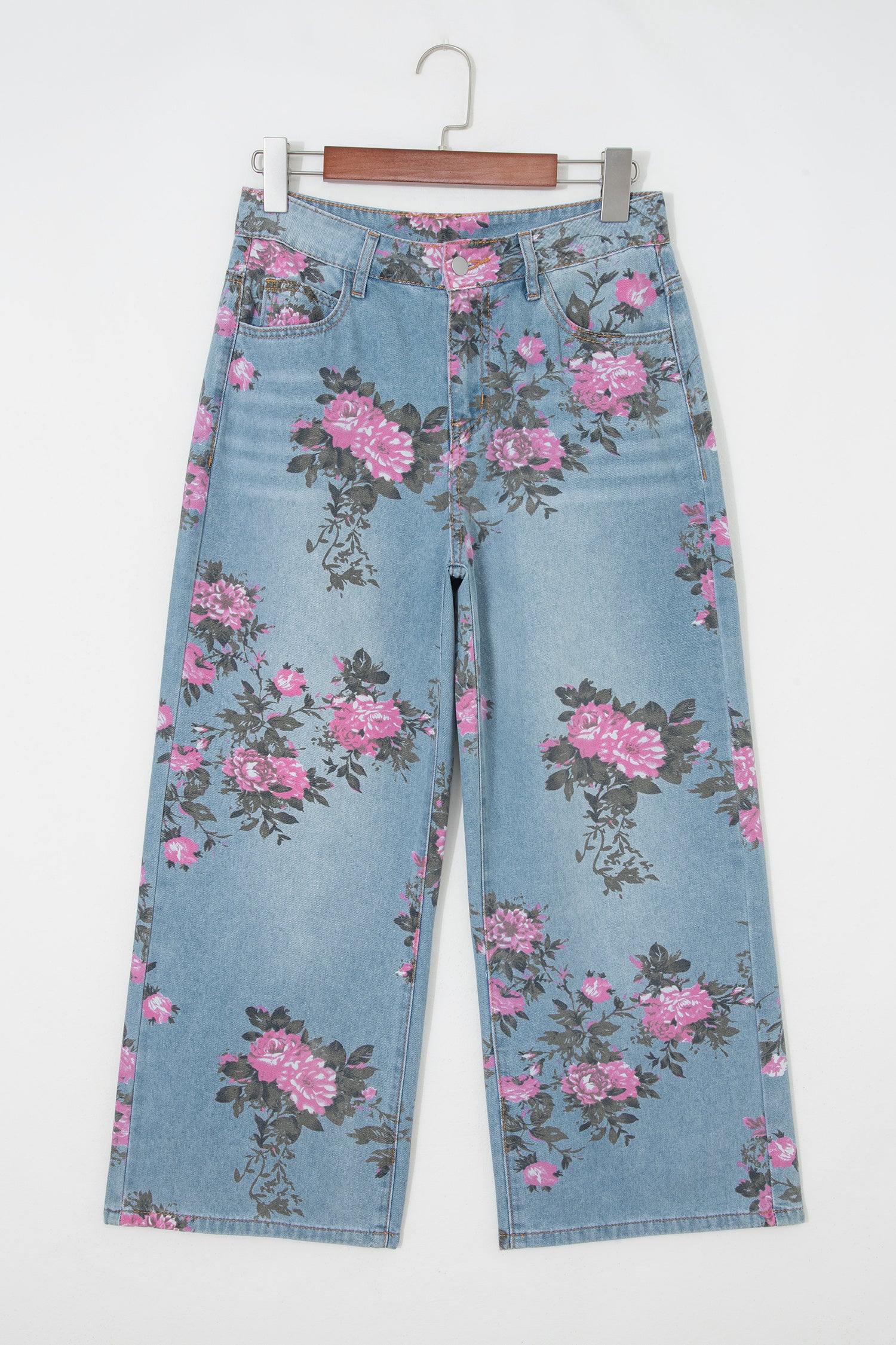 Sky Blue Garden Floral Print Bootcut Jeans-Bottoms/Jeans-[Adult]-[Female]-2022 Online Blue Zone Planet