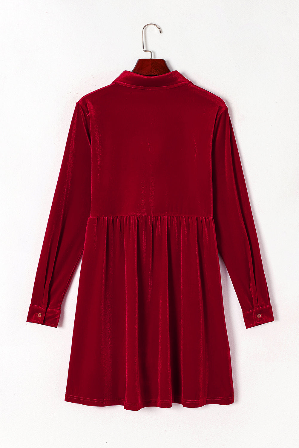 Blue Zone Planet | Fiery Red Long Sleeve Ruffle Velvet Button Up Dress-TOPS / DRESSES-[Adult]-[Female]-2022 Online Blue Zone Planet