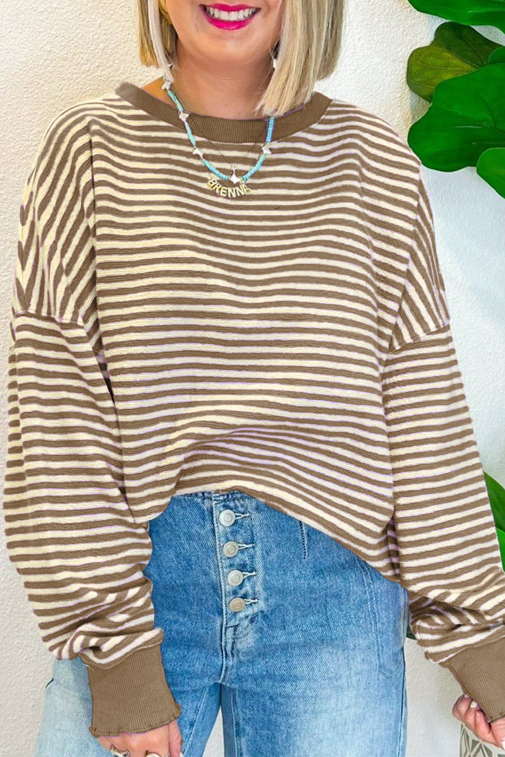 Blue Zone Planet | Green Stripe Drop Shoulder Long Sleeve Top-Long Sleeve Tops-[Adult]-[Female]-Brown Stripe-S-2022 Online Blue Zone Planet