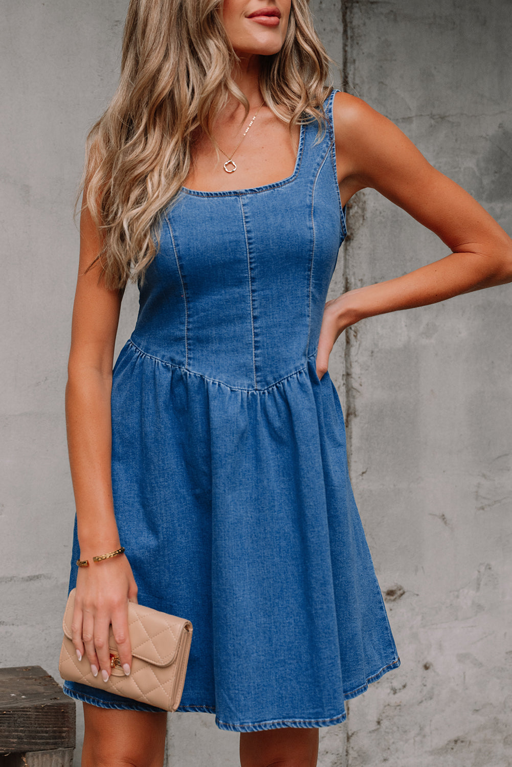 Sail Blue Square Neck Bowknot A-line Sleeveless Denim Dress-TOPS / DRESSES-[Adult]-[Female]-2022 Online Blue Zone Planet