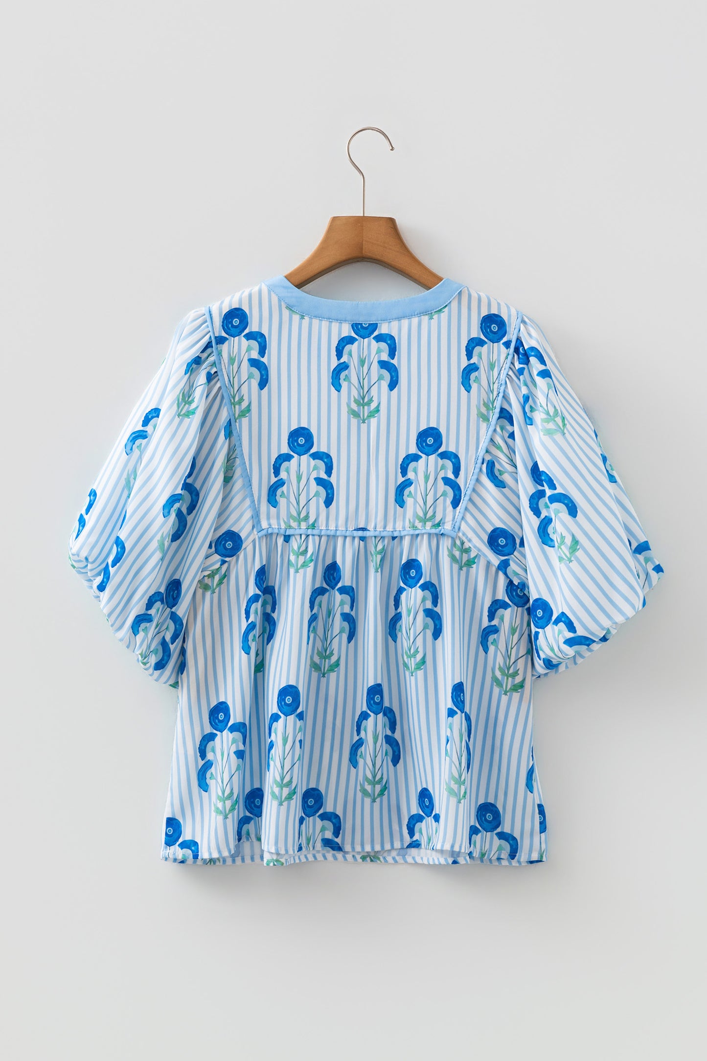 Sky Blue Floral Print Tie Neck Puff Sleeve Blouse-Tops/Blouses & Shirts-[Adult]-[Female]-2022 Online Blue Zone Planet