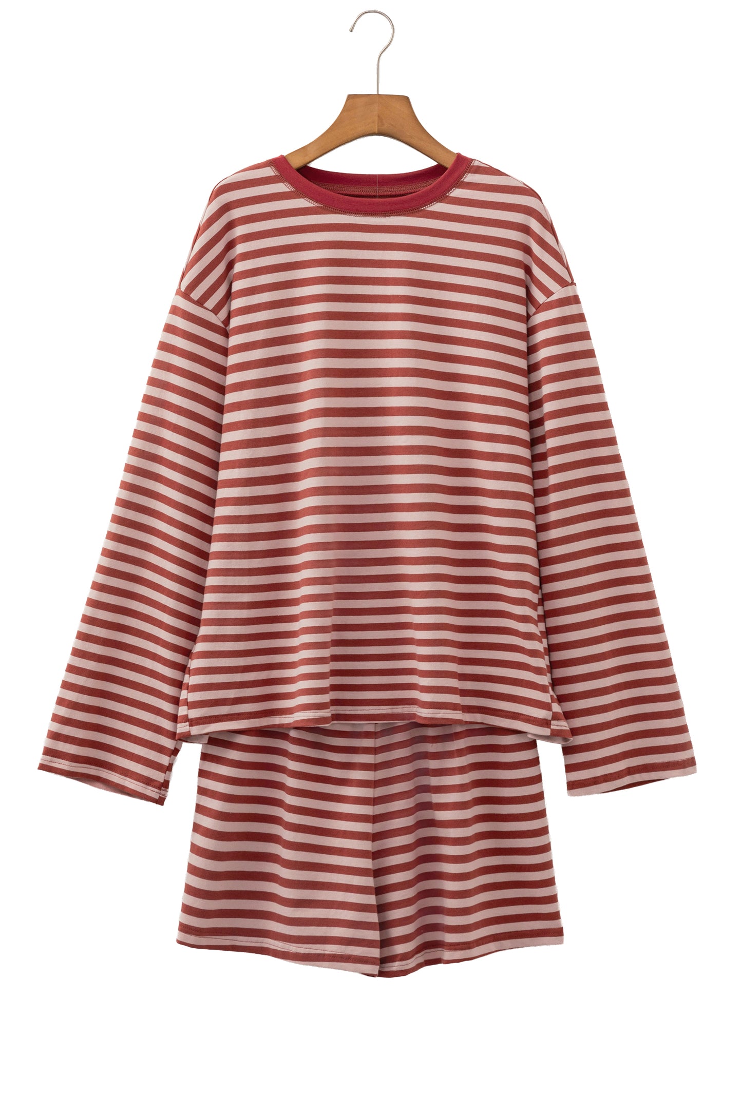 Brown Stripe Relaxed Long Sleeve Top Contrast Elastic Waistband Short Set-Two Piece Sets/Short Sets-[Adult]-[Female]-2022 Online Blue Zone Planet