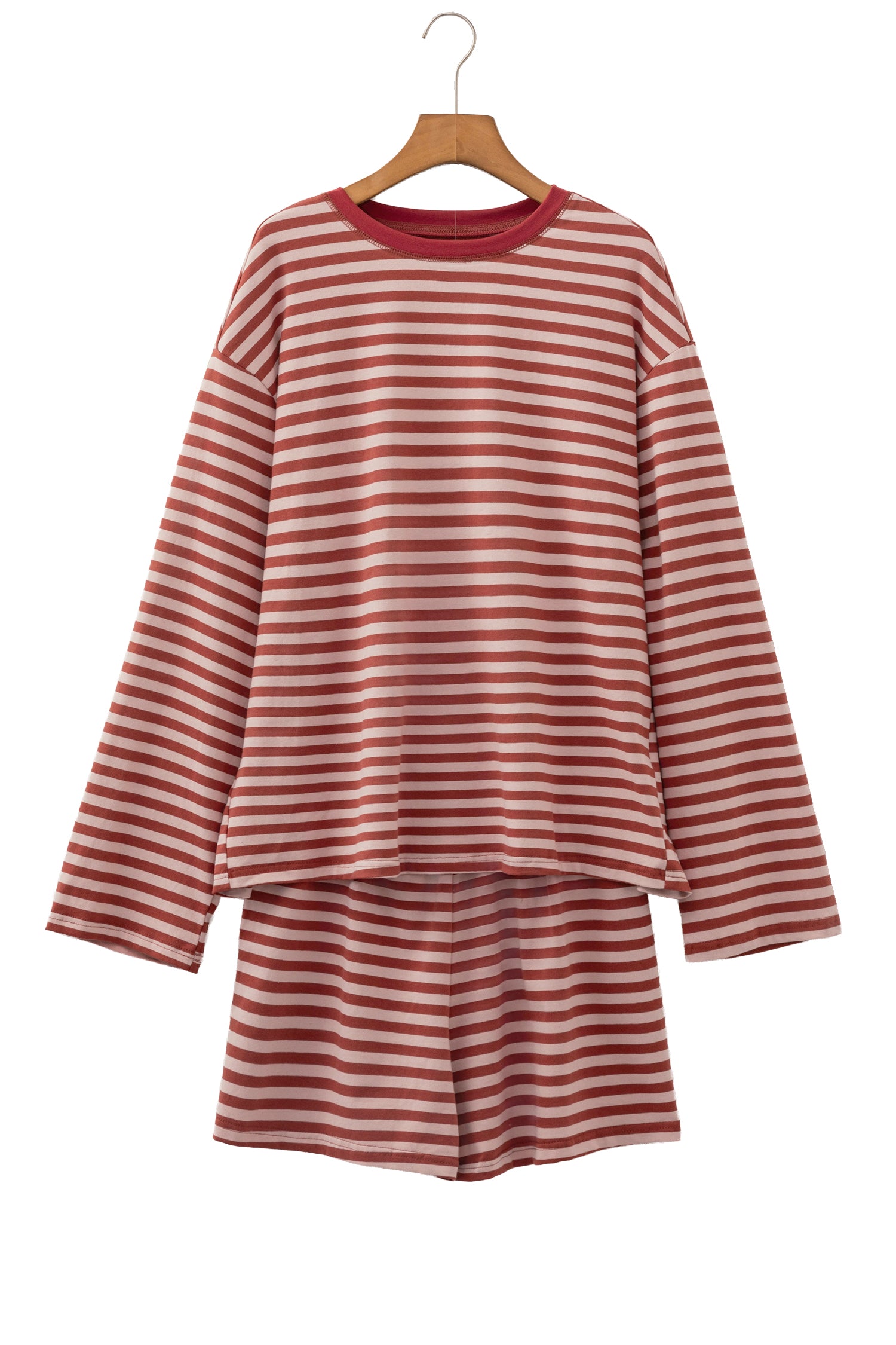 Brown Stripe Relaxed Long Sleeve Top Contrast Elastic Waistband Short Set-Two Piece Sets/Short Sets-[Adult]-[Female]-2022 Online Blue Zone Planet