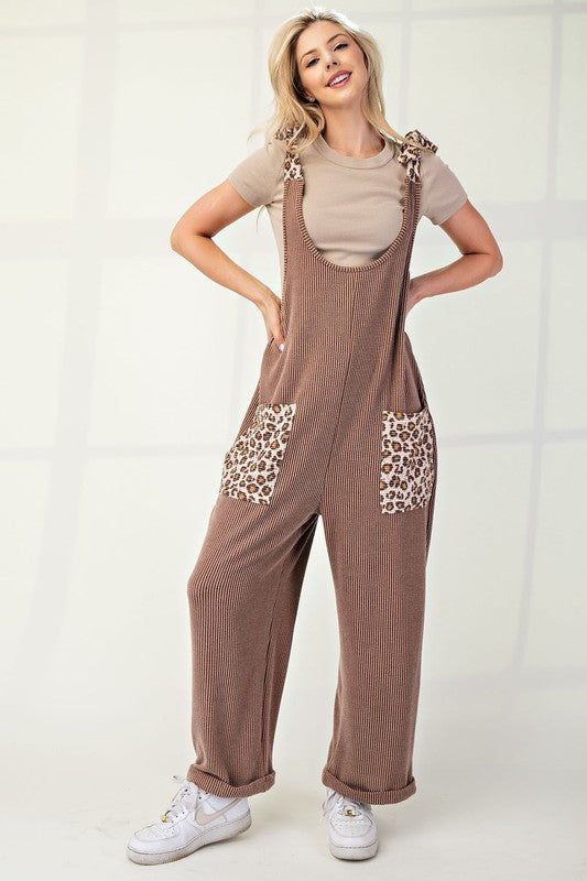 Blue Zone Planet | Celeste Full Size Ribbed Leopard Tied Shoulder Overalls-TOPS / DRESSES-[Adult]-[Female]-Taupe-S-2022 Online Blue Zone Planet