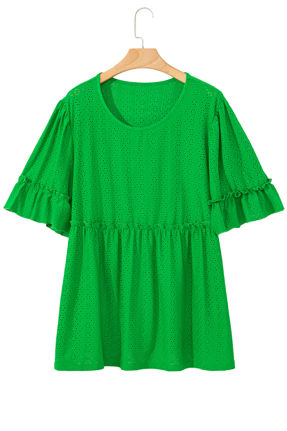 Green Textured Frilled Short Sleeve Plus Size Babydoll Blouse-Plus Size/Plus Size Tops/Plus Size Blouses & Shirts-[Adult]-[Female]-2022 Online Blue Zone Planet