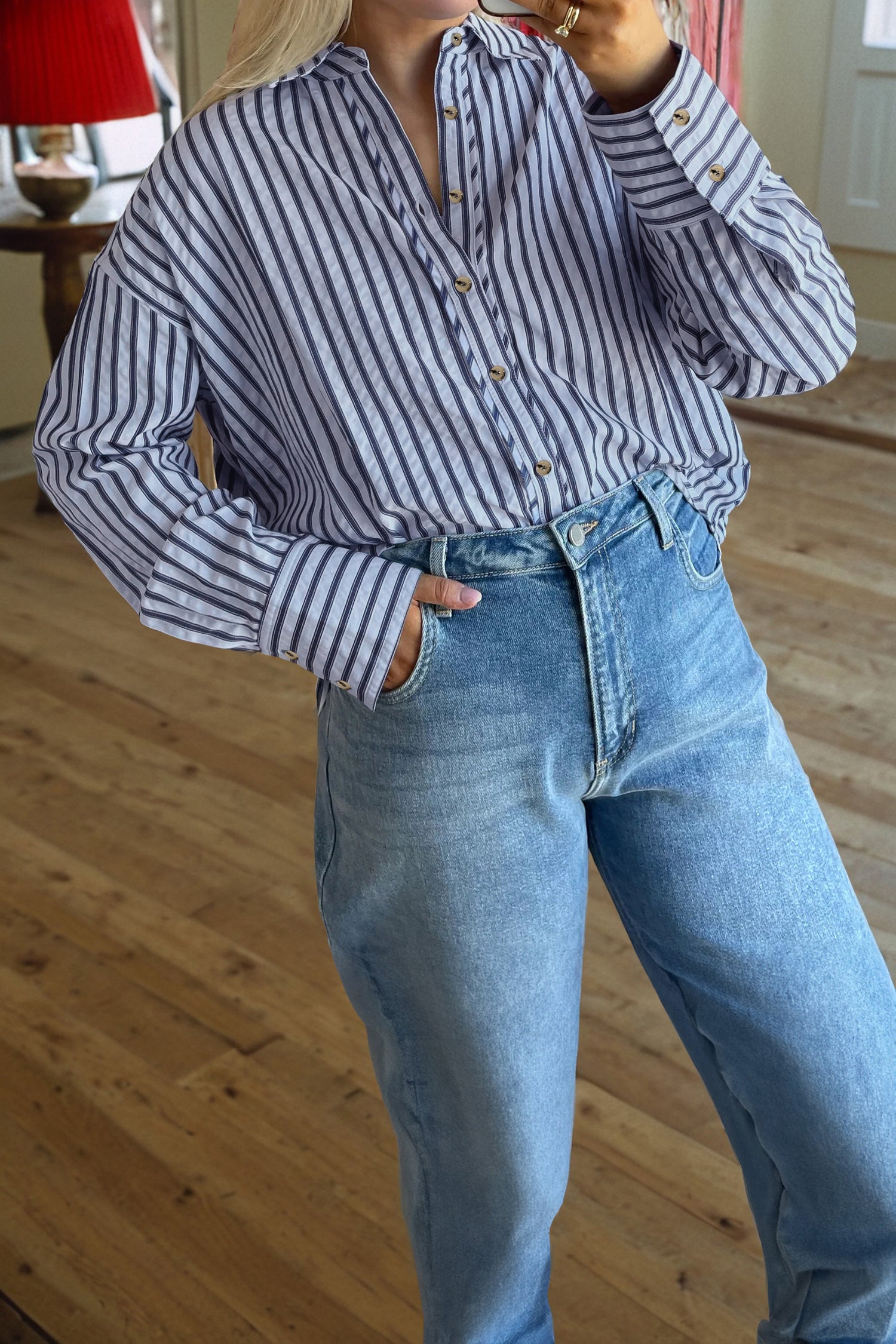 Blue Stripe Button Down Long Sleeve Loose Shirt-Tops/Blouses & Shirts-[Adult]-[Female]-Blue Stripe-S-2022 Online Blue Zone Planet
