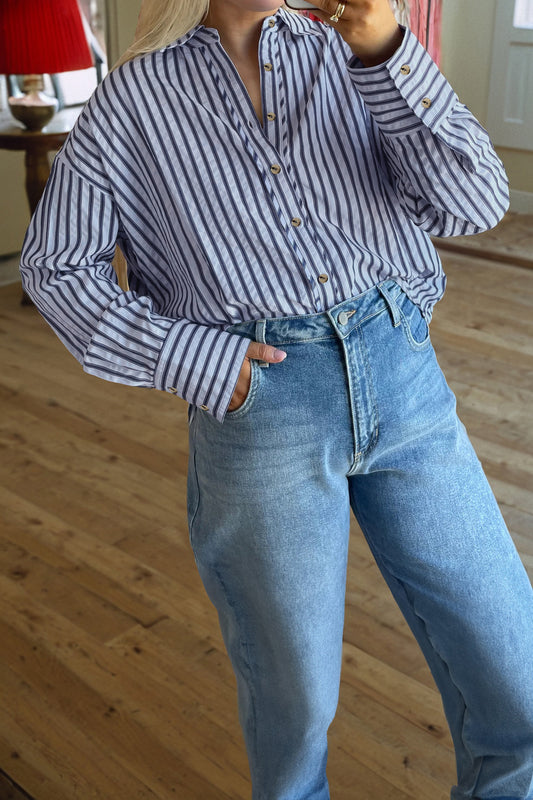 Blue Stripe Button Down Long Sleeve Loose Shirt-Tops/Blouses & Shirts-[Adult]-[Female]-Blue Stripe-S-2022 Online Blue Zone Planet