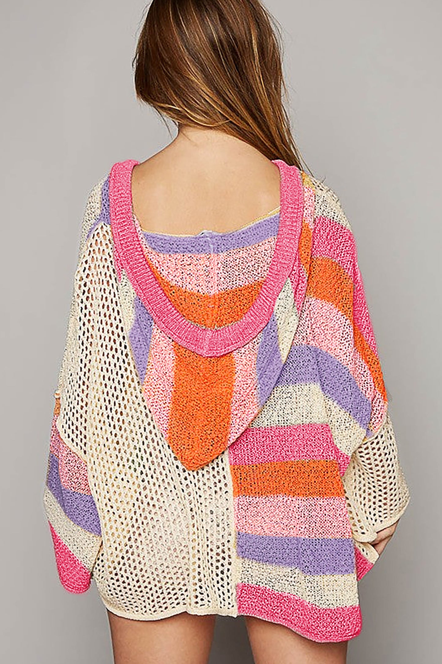 Blue Zone Planet | Beige Oversized Colorblock V Neck Hooded Sweater-Tops / Dresses-[Adult]-[Female]-2022 Online Blue Zone Planet