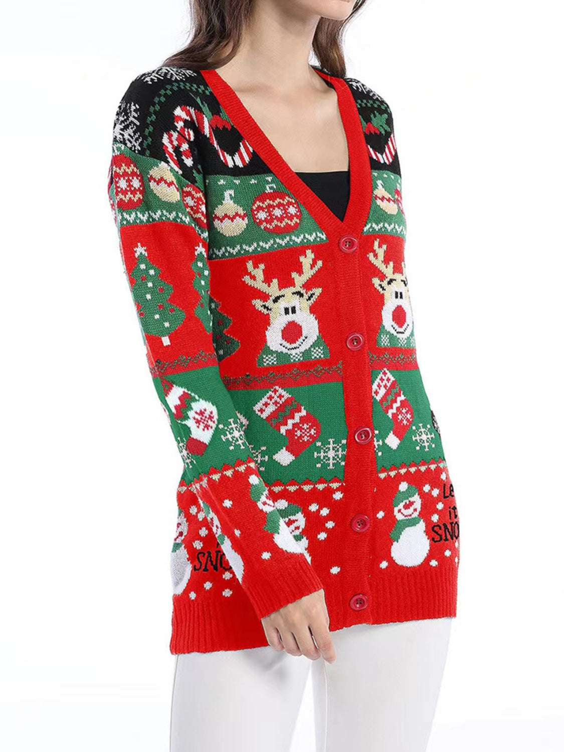 Reindeer Button Up Long Sleeve Cardigan-TOPS / DRESSES-[Adult]-[Female]-2022 Online Blue Zone Planet