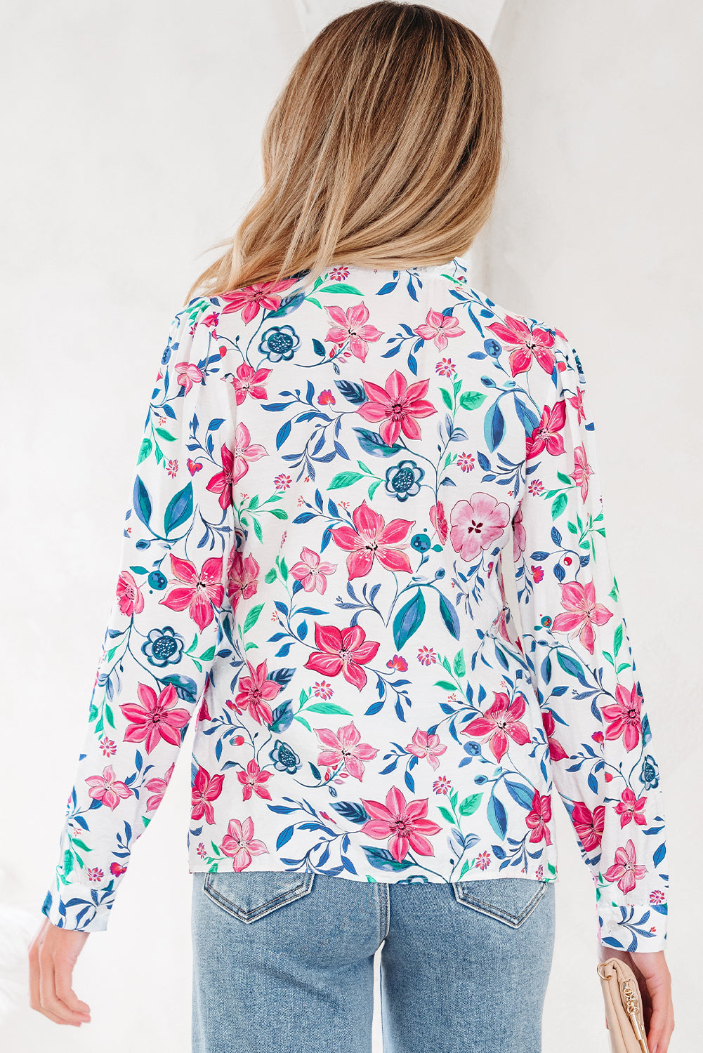Pink Floral Print Lace Detail Button-Up Long Sleeve Shirt-Tops/Blouses & Shirts-[Adult]-[Female]-2022 Online Blue Zone Planet