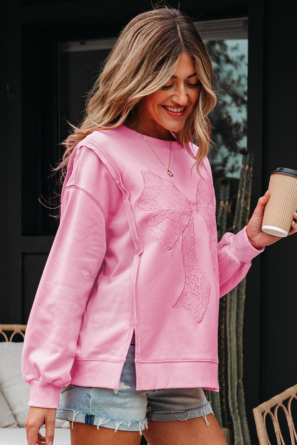 Bonbon Lace Insert Bow Embroidered Exposed Seam Sweatshirt-Tops/Sweatshirts & Hoodies-[Adult]-[Female]-2022 Online Blue Zone Planet