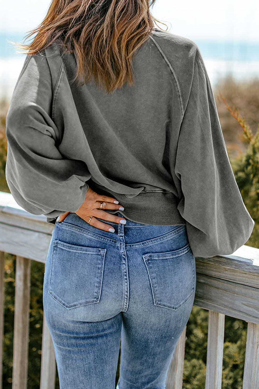 Blue Washed Snap Buttons Lantern Sleeve Pullover Sweatshirt-Tops/Sweatshirts & Hoodies-[Adult]-[Female]-2022 Online Blue Zone Planet