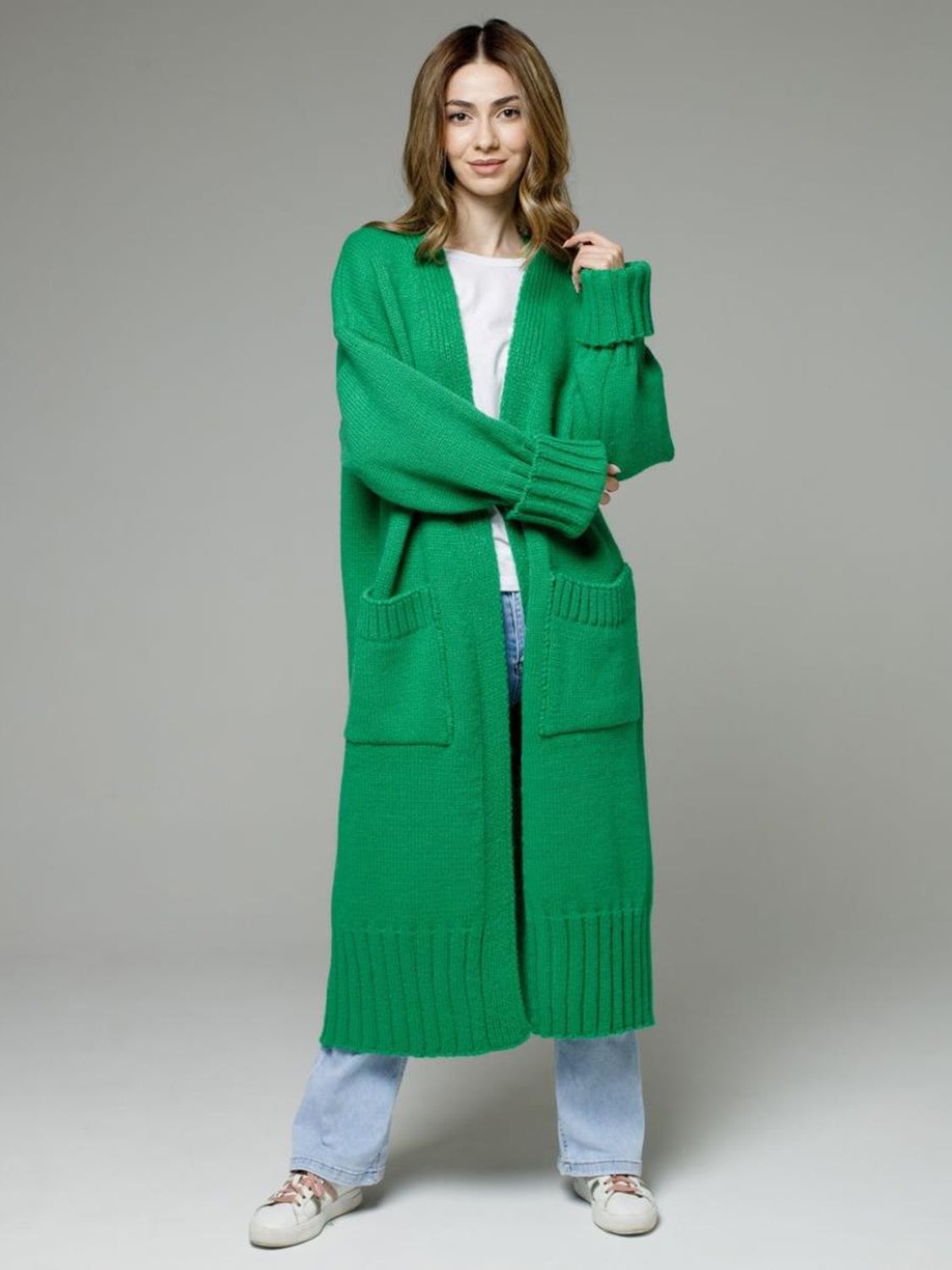 Pocketed Open Front Dropped Shoulder Cardigan-TOPS / DRESSES-[Adult]-[Female]-Green-One Size-2022 Online Blue Zone Planet