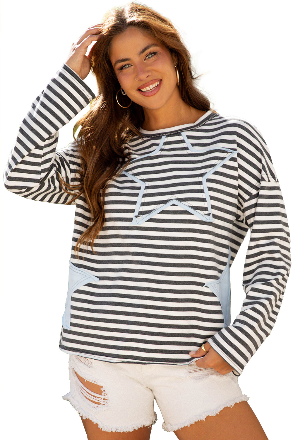 Gray Stripe Starry Patch Drop Shoulder Raw Edge Casual Knit Top-Tops/Sweatshirts & Hoodies-[Adult]-[Female]-2022 Online Blue Zone Planet