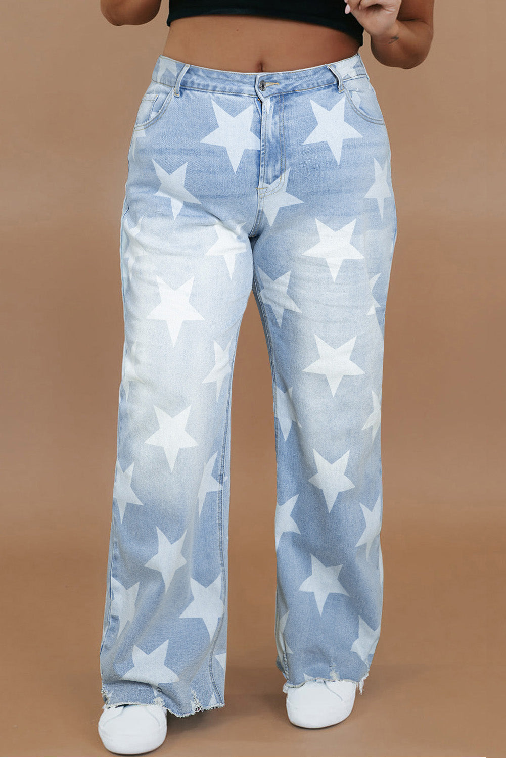 Beau Blue High Waist Star Pattern Plus Size Jeans-Plus Size/Plus Size Bottoms-[Adult]-[Female]-Beau Blue-1X-2022 Online Blue Zone Planet