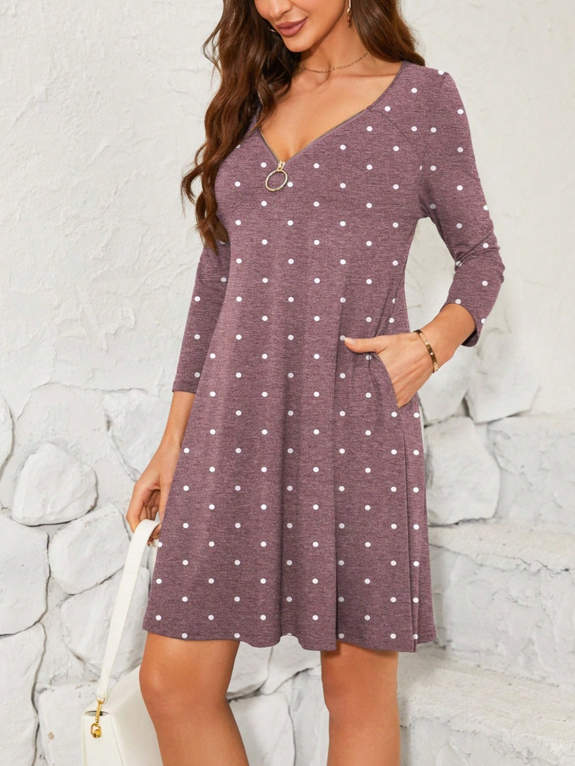 Polka Dot Quarter Zip Long Sleeve Dress-TOPS / DRESSES-[Adult]-[Female]-2022 Online Blue Zone Planet