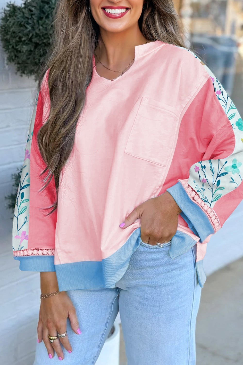 Light Pink Floral Colorblock Patchwork Chest Pocket Notched Neck Long Sleeve Top-Tops/Long Sleeve Tops-[Adult]-[Female]-Light Pink-S-2022 Online Blue Zone Planet