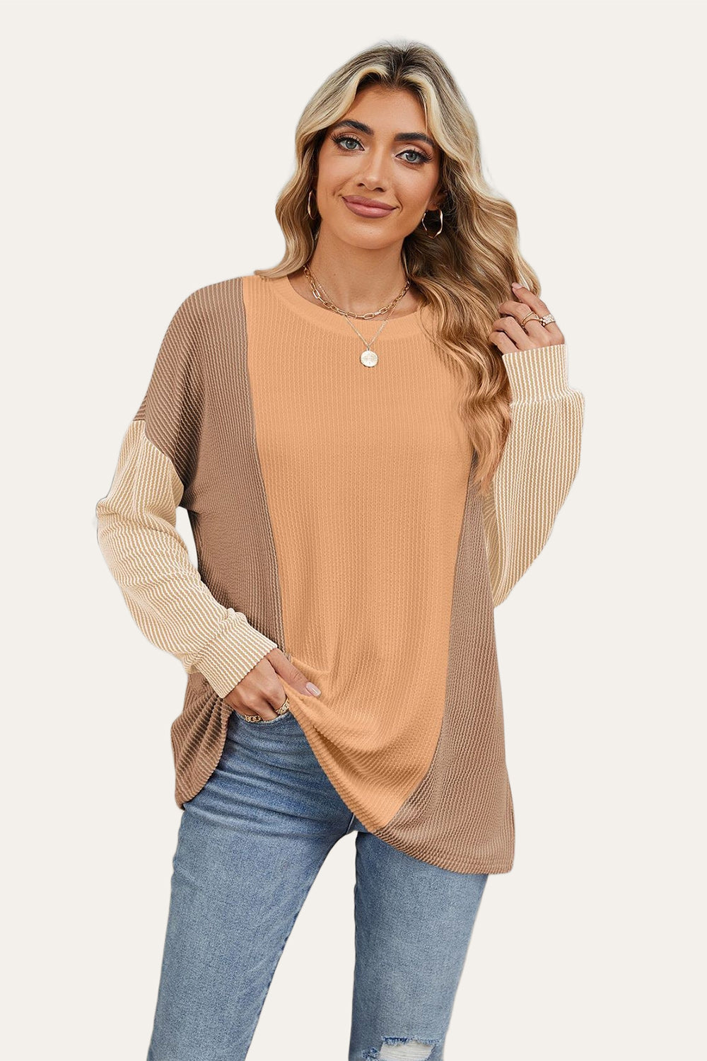 Double Take Texture Contrast Round Neck Long Sleeve T-Shirt-TOPS / DRESSES-[Adult]-[Female]-Tan-S-2022 Online Blue Zone Planet