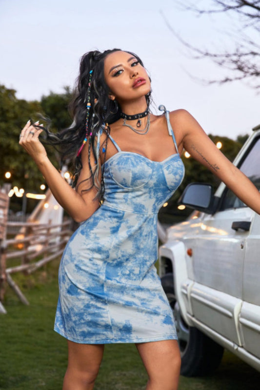 Tied Tie-Dye Sleeveless Mini Cami Dress-TOPS / DRESSES-[Adult]-[Female]-Sky Blue-S-2022 Online Blue Zone Planet