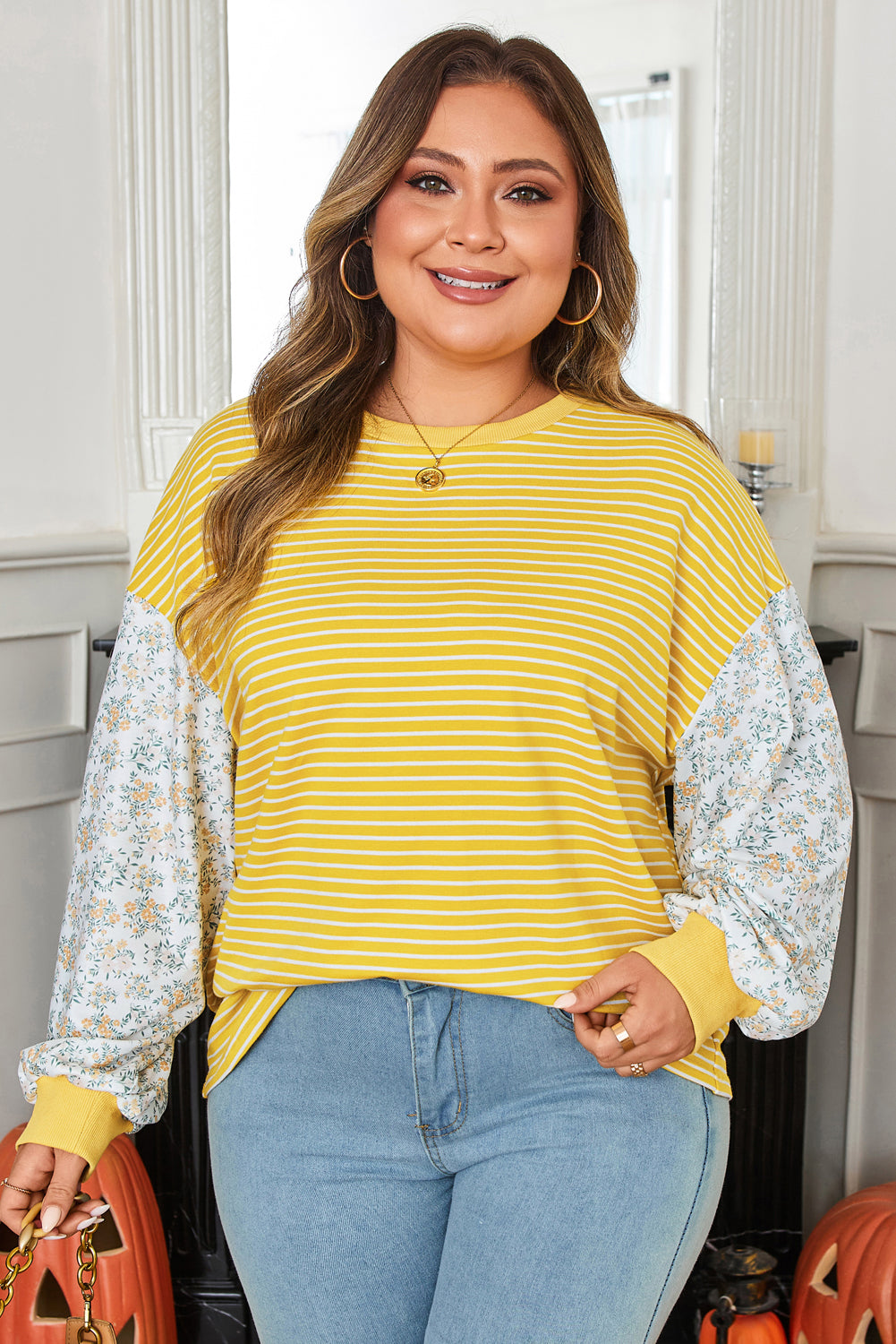 Yellow Stripe Striped Contrast Floral Sleeve Patchwork Plus Size Loose Top-Plus Size/Plus Size Tops/Plus Size Long Sleeve Tops-[Adult]-[Female]-2022 Online Blue Zone Planet