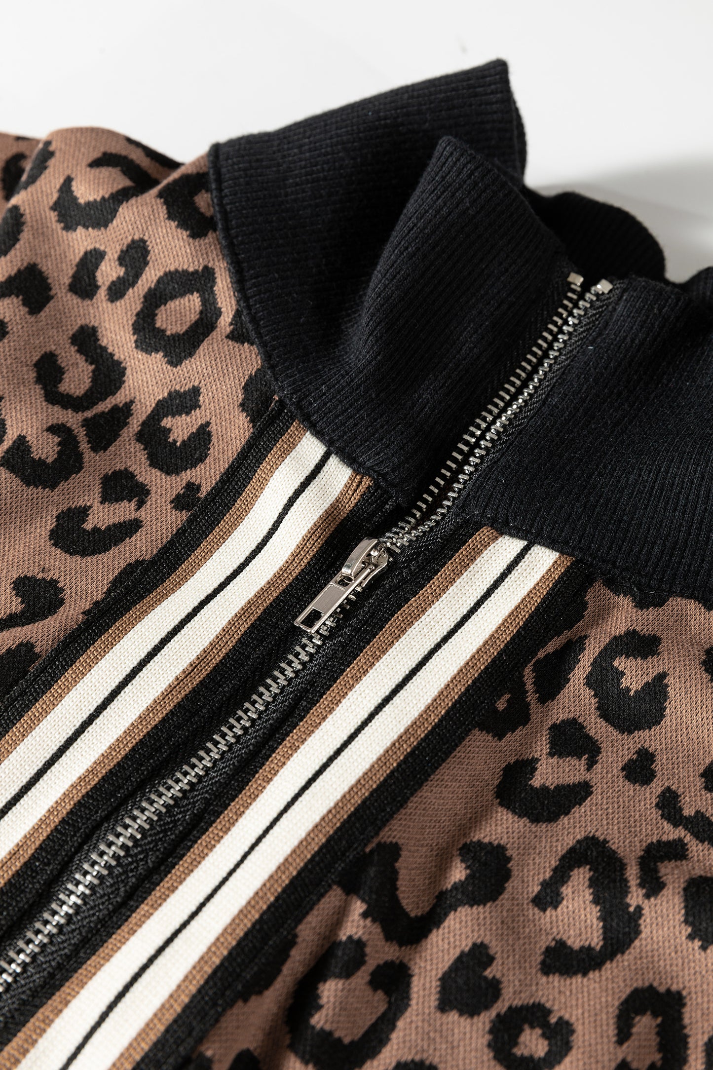 Khaki Leopard Print Quarter Zip Long Sleeve Top Mini Skirt Set-Two Piece Sets/Two Piece Dresses-[Adult]-[Female]-2022 Online Blue Zone Planet