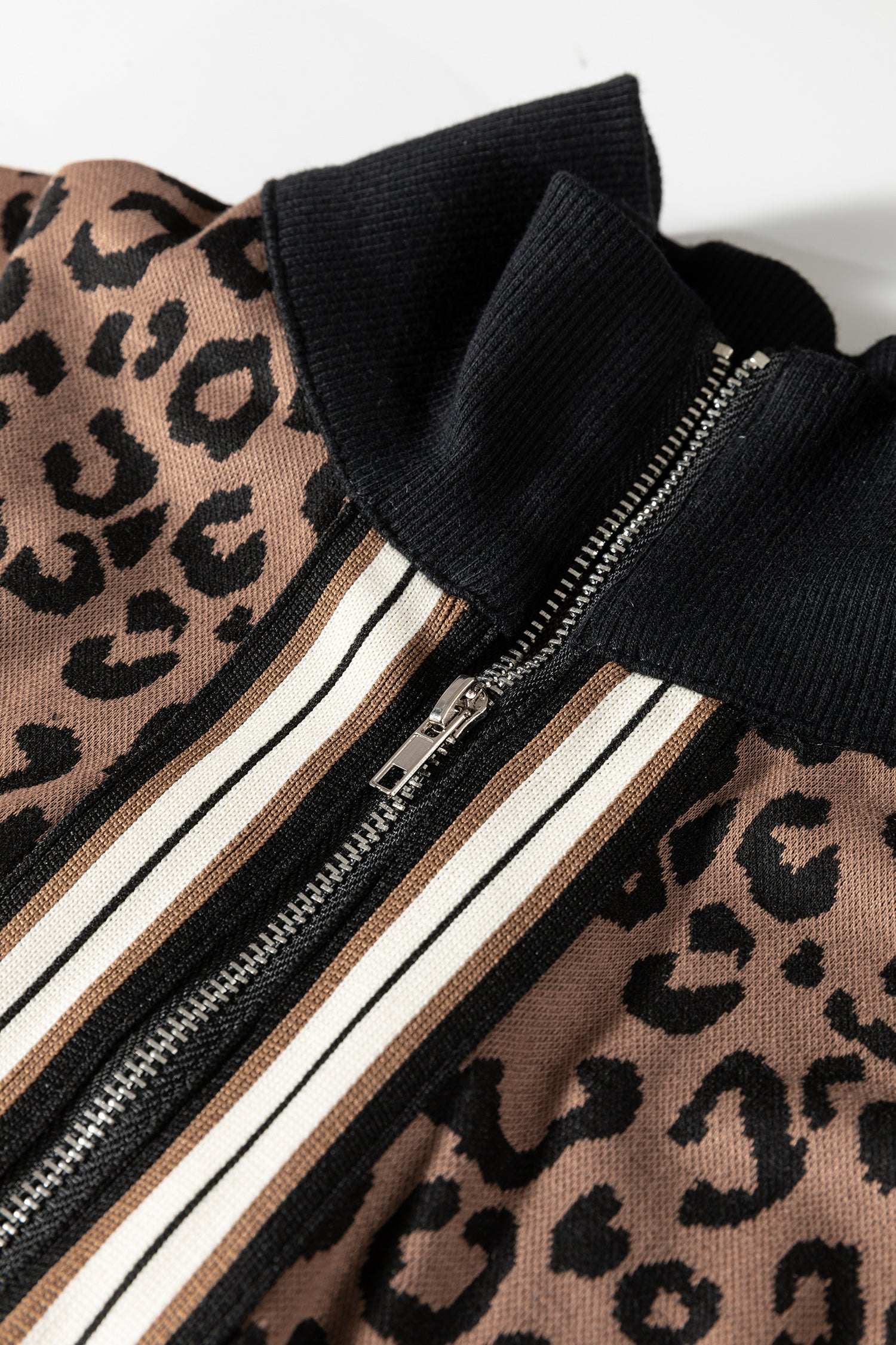 Khaki Leopard Print Quarter Zip Long Sleeve Top Mini Skirt Set-Two Piece Sets/Two Piece Dresses-[Adult]-[Female]-2022 Online Blue Zone Planet
