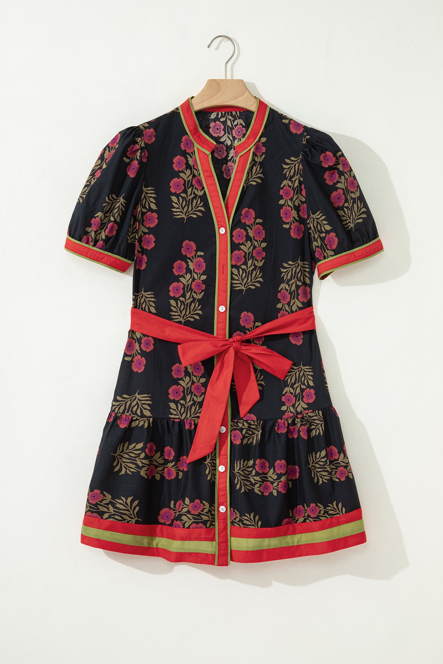 Black Retro Floral Print Button Down Belted Short Puff Sleeve Mini Dress-TOPS / DRESSES-[Adult]-[Female]-2022 Online Blue Zone Planet