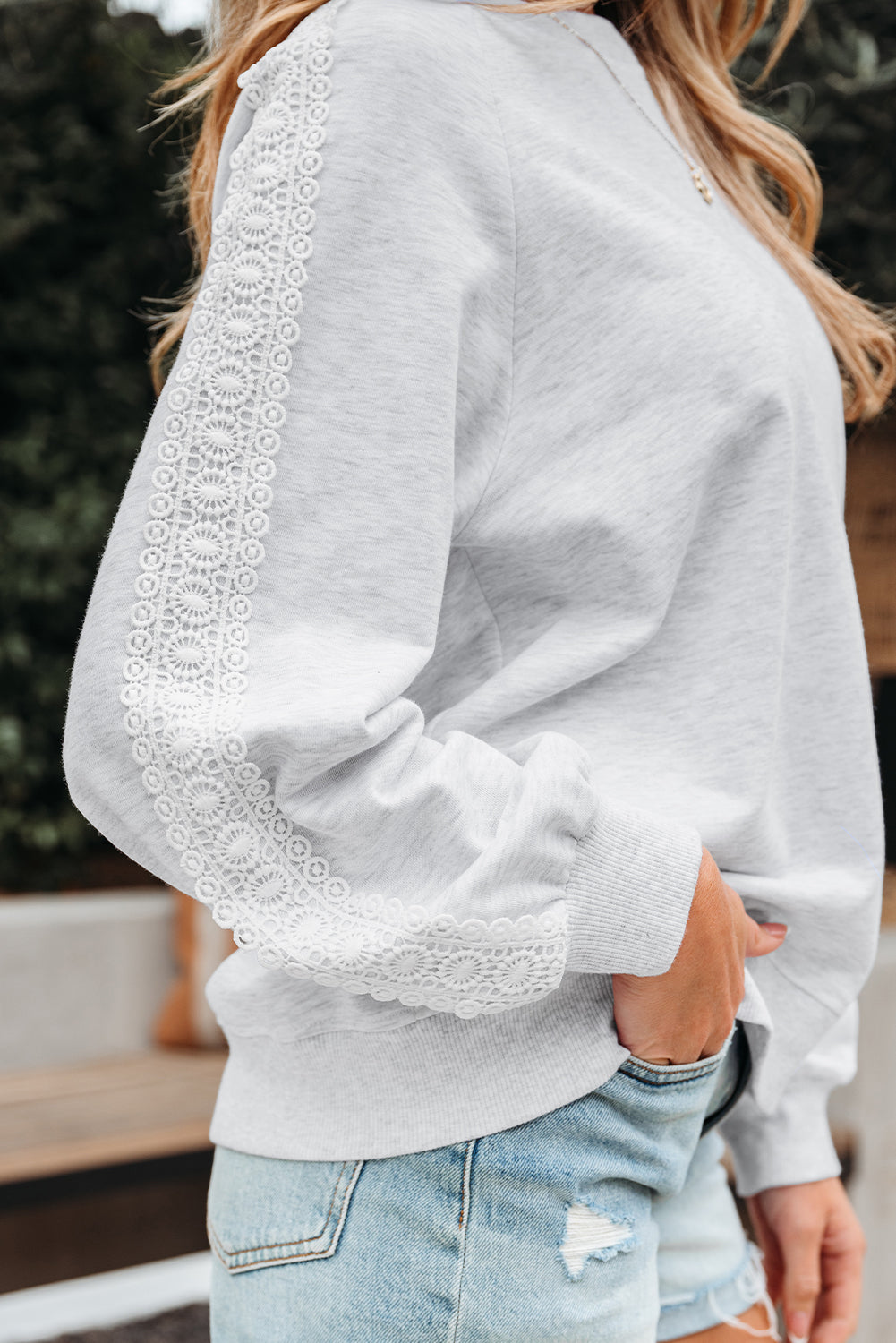 Light Grey Lace Patchwork Raglan Sleeve Crew Neck Sweatshirt-Tops/Sweatshirts & Hoodies-[Adult]-[Female]-2022 Online Blue Zone Planet