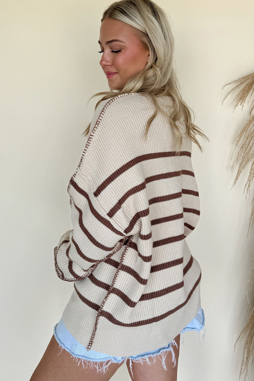 Brown Stripe Ribbed Henley Drop Shoulder Slouchy Sweater-TOPS / DRESSES-[Adult]-[Female]-2022 Online Blue Zone Planet