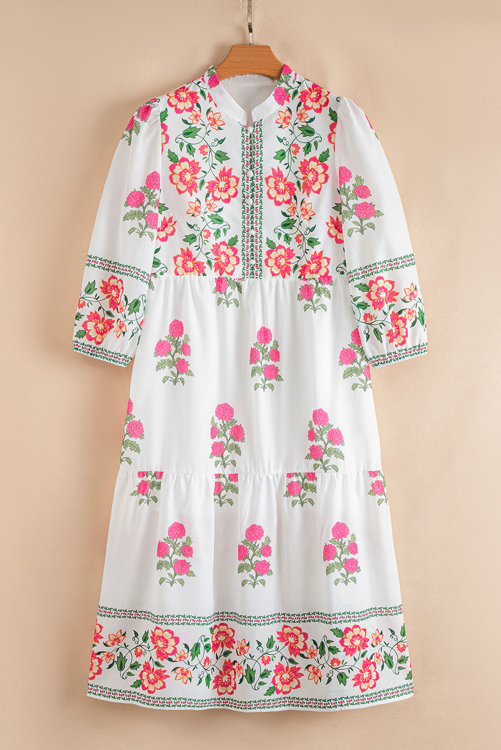 White Floral Print Half Button Mandarin Neck 3/4 Sleeve Maxi Dress-Dresses/Floral Dresses-[Adult]-[Female]-2022 Online Blue Zone Planet
