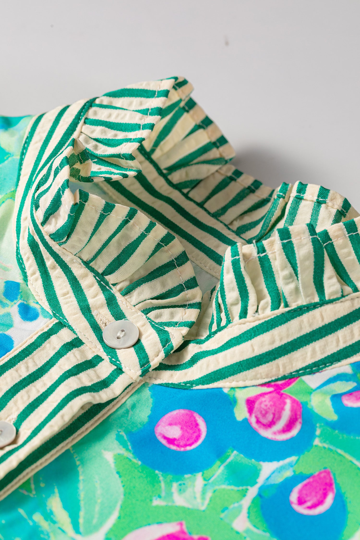 Green Stripe Floral Print Striped Trim Button Down Short Sleeve Vacation Dress-TOPS / DRESSES-[Adult]-[Female]-2022 Online Blue Zone Planet