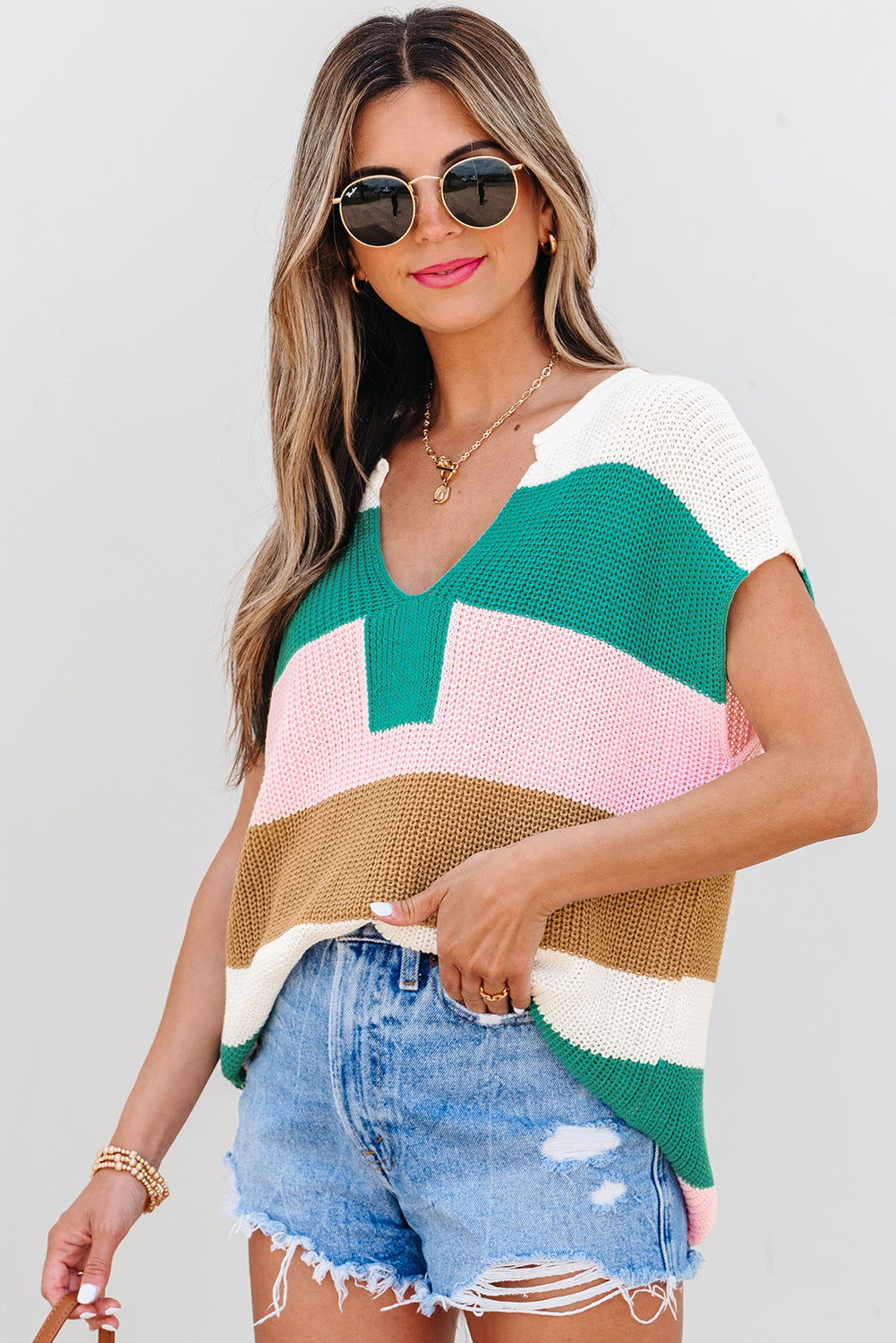 Multicolour Color Block Notch V Neck Sweater T Shirt-TOPS / DRESSES-[Adult]-[Female]-2022 Online Blue Zone Planet