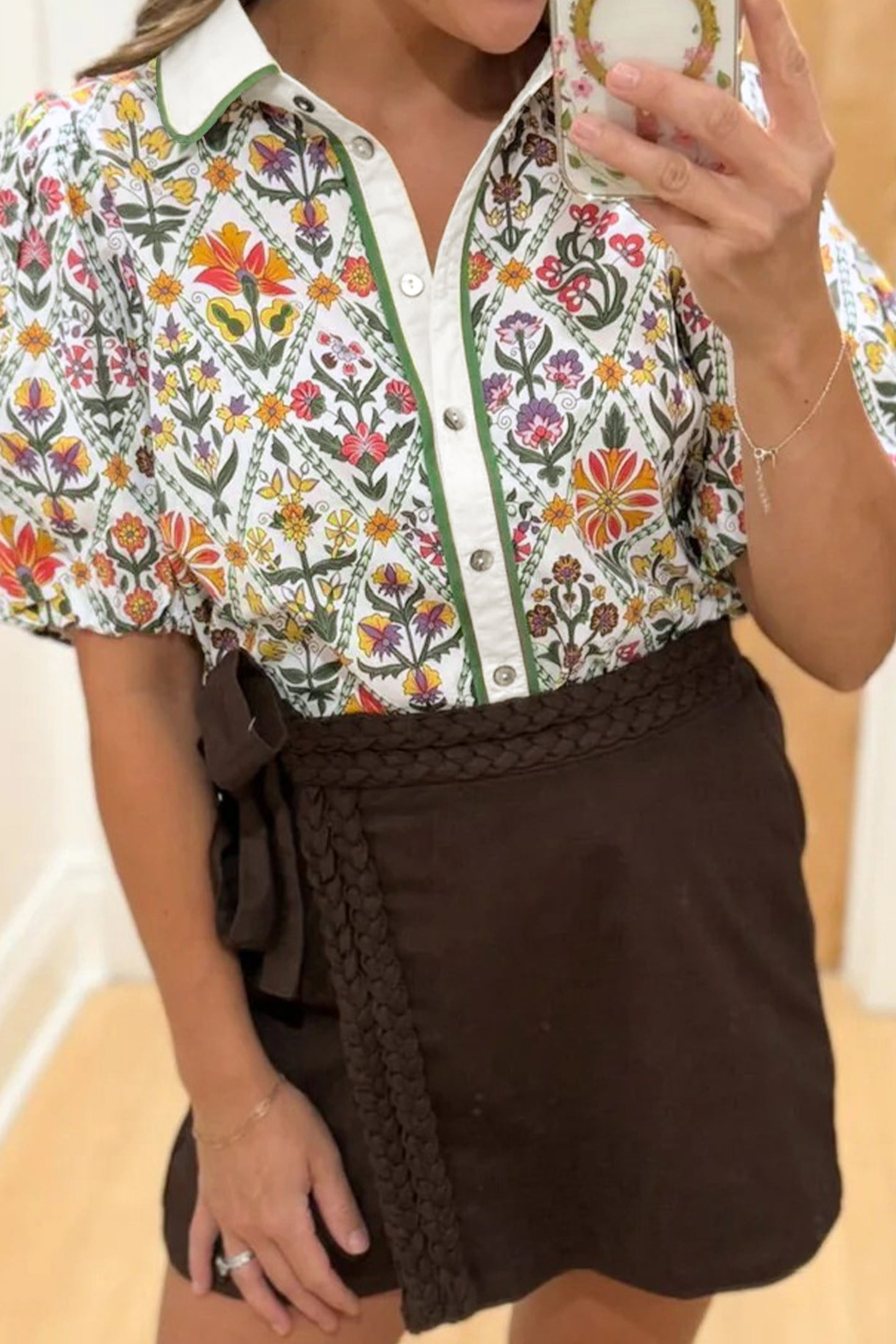 Green Short Bubble Sleeve Floral Shirt-Tops/Blouses & Shirts-[Adult]-[Female]-2022 Online Blue Zone Planet