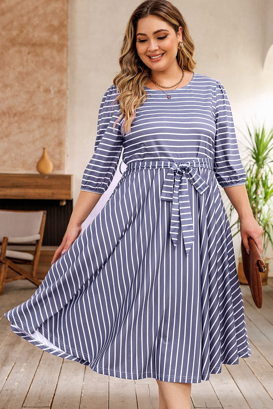 Gray Striped Tie Waist 3/4 Sleeve Plus Size Dress-TOPS / DRESSES-[Adult]-[Female]-Gray-1X-2022 Online Blue Zone Planet