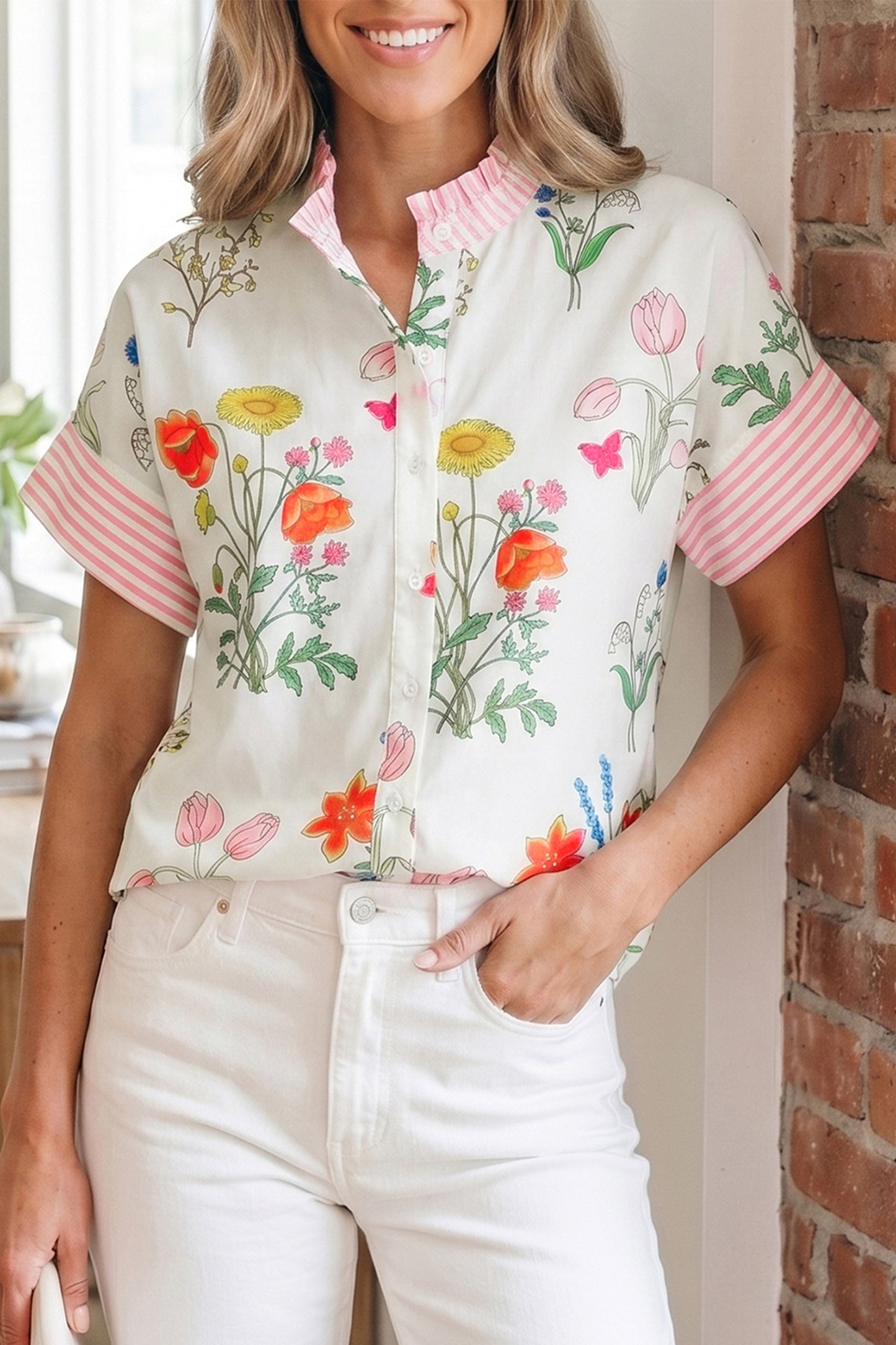 Beige Floral Striped Patchwork Ruffled Collar Short Sleeve Shirt-Tops/Blouses & Shirts-[Adult]-[Female]-2022 Online Blue Zone Planet