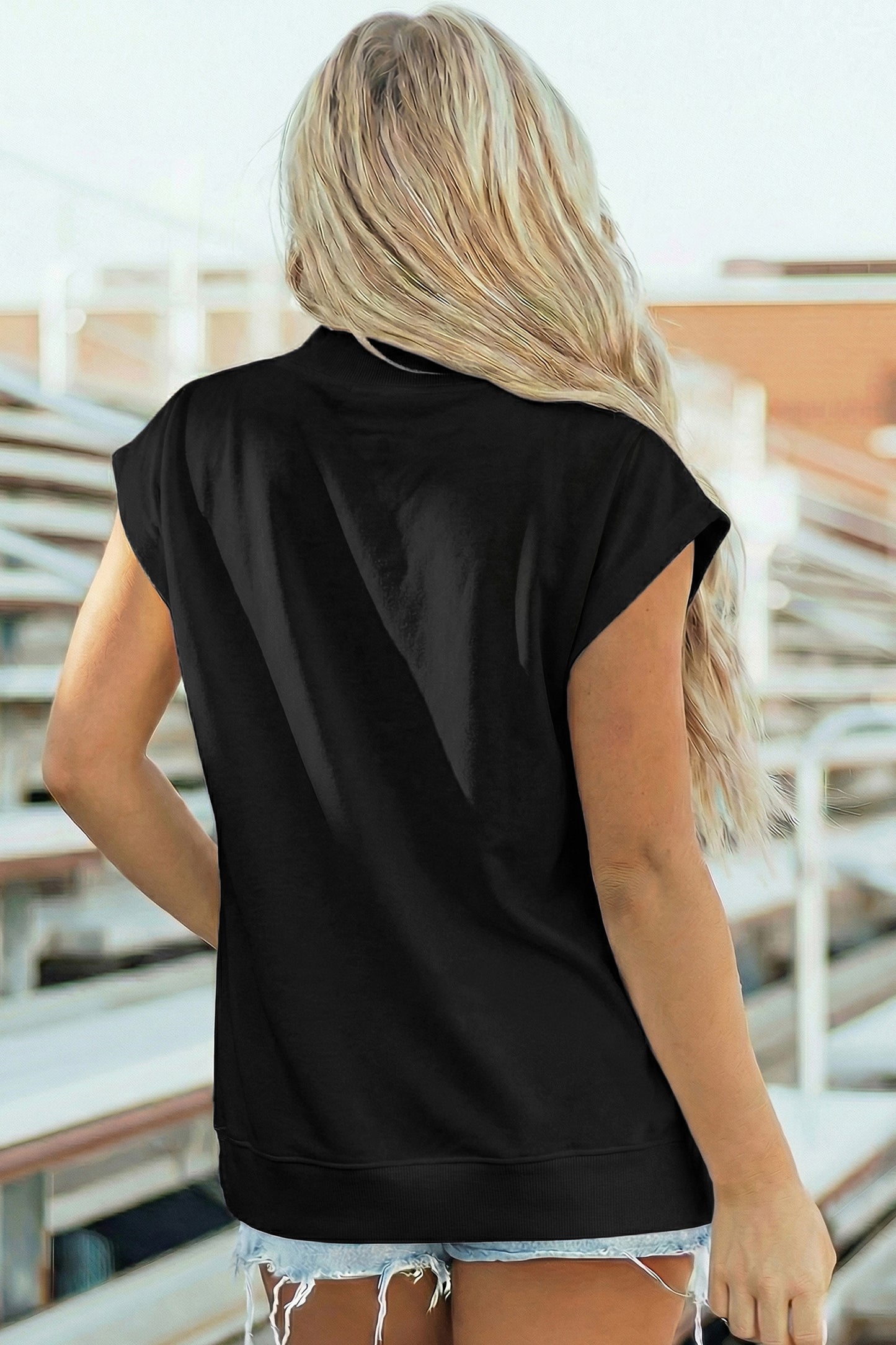 Black Solid Color High Neck Cap Sleeve Loose Top-Tops/Tops & Tees-[Adult]-[Female]-2022 Online Blue Zone Planet