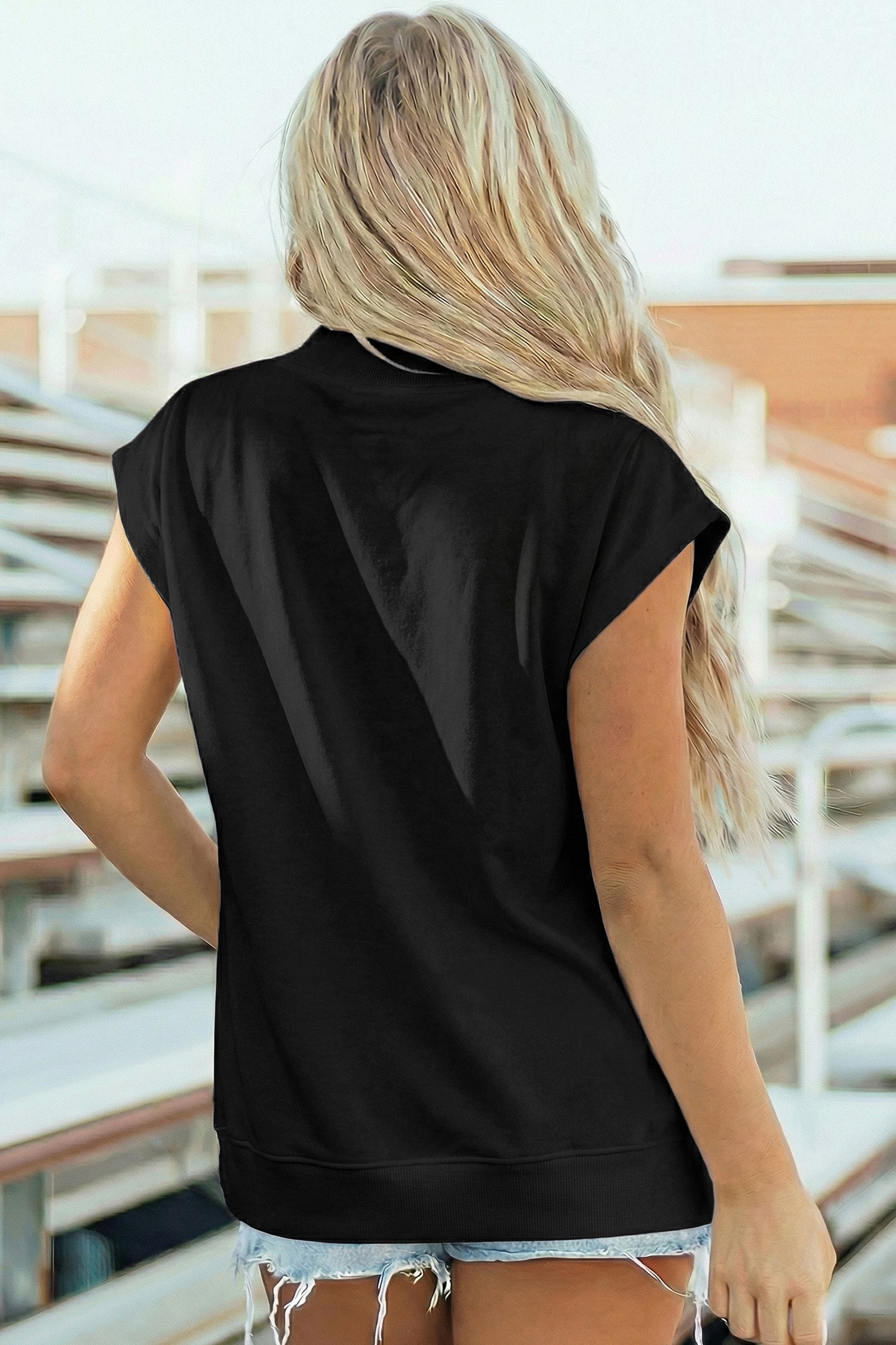 Black Solid Color High Neck Cap Sleeve Loose Top-Tops/Tops & Tees-[Adult]-[Female]-2022 Online Blue Zone Planet