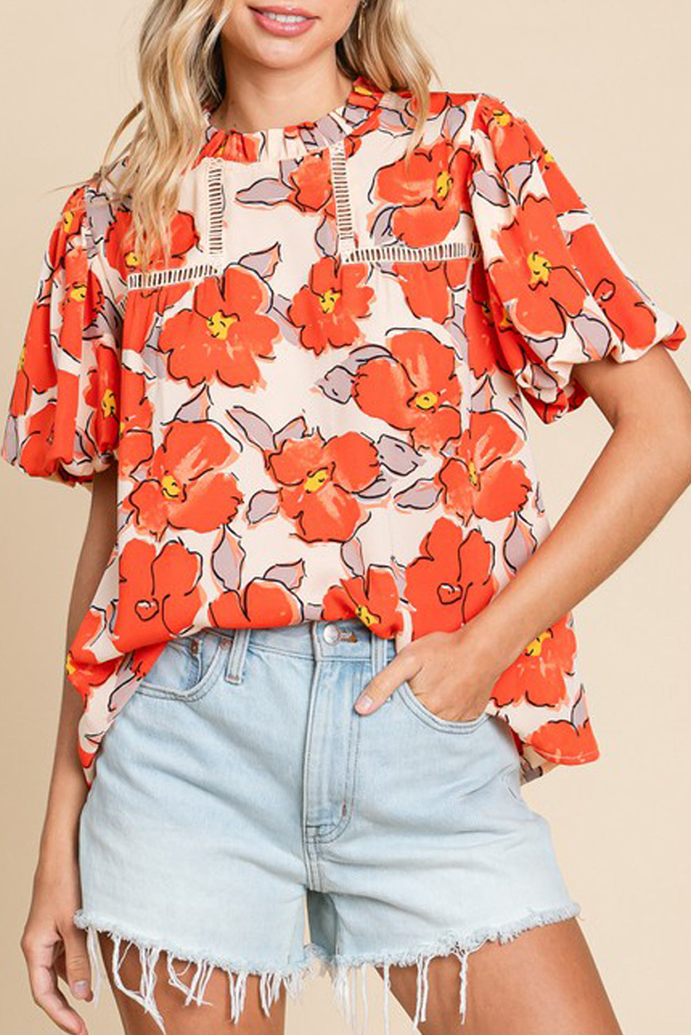 Orange Floral Bubble Sleeve Frill Neck Loose Blouse-Tops/Blouses & Shirts-[Adult]-[Female]-Orange-S-2022 Online Blue Zone Planet