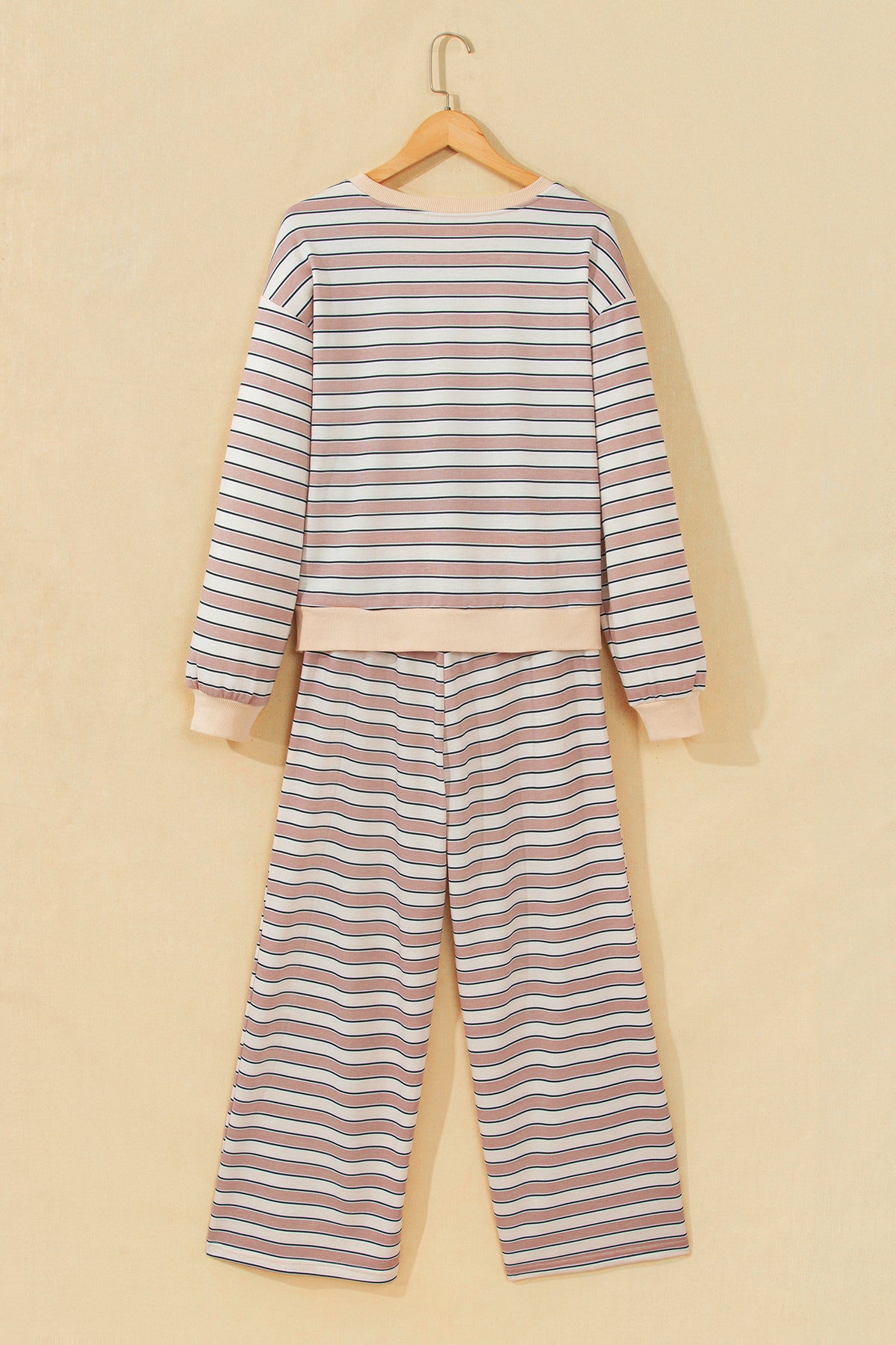 Khaki Stripe Contrast Trim Long Sleeve Top Elastic Waist Pants Set-Two Piece Sets/Pant Sets-[Adult]-[Female]-2022 Online Blue Zone Planet