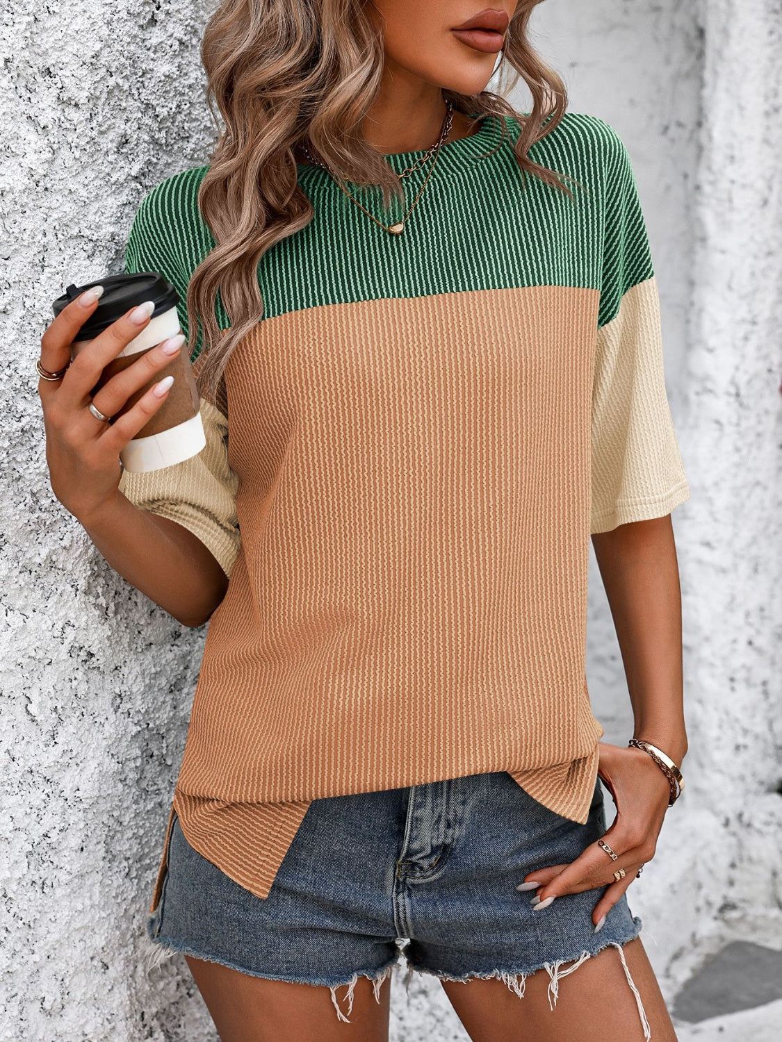 Mandy Color Block Round Neck Half Sleeve T-Shirt-TOPS / DRESSES-[Adult]-[Female]-Green/Orange-S-2022 Online Blue Zone Planet