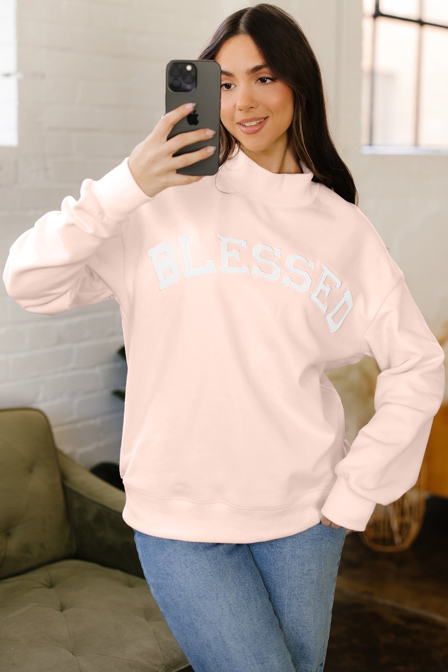 Light Pink Oversize Blessed Embroidered Mock Neck Sweatshirt-Tops/Sweatshirts & Hoodies-[Adult]-[Female]-2022 Online Blue Zone Planet