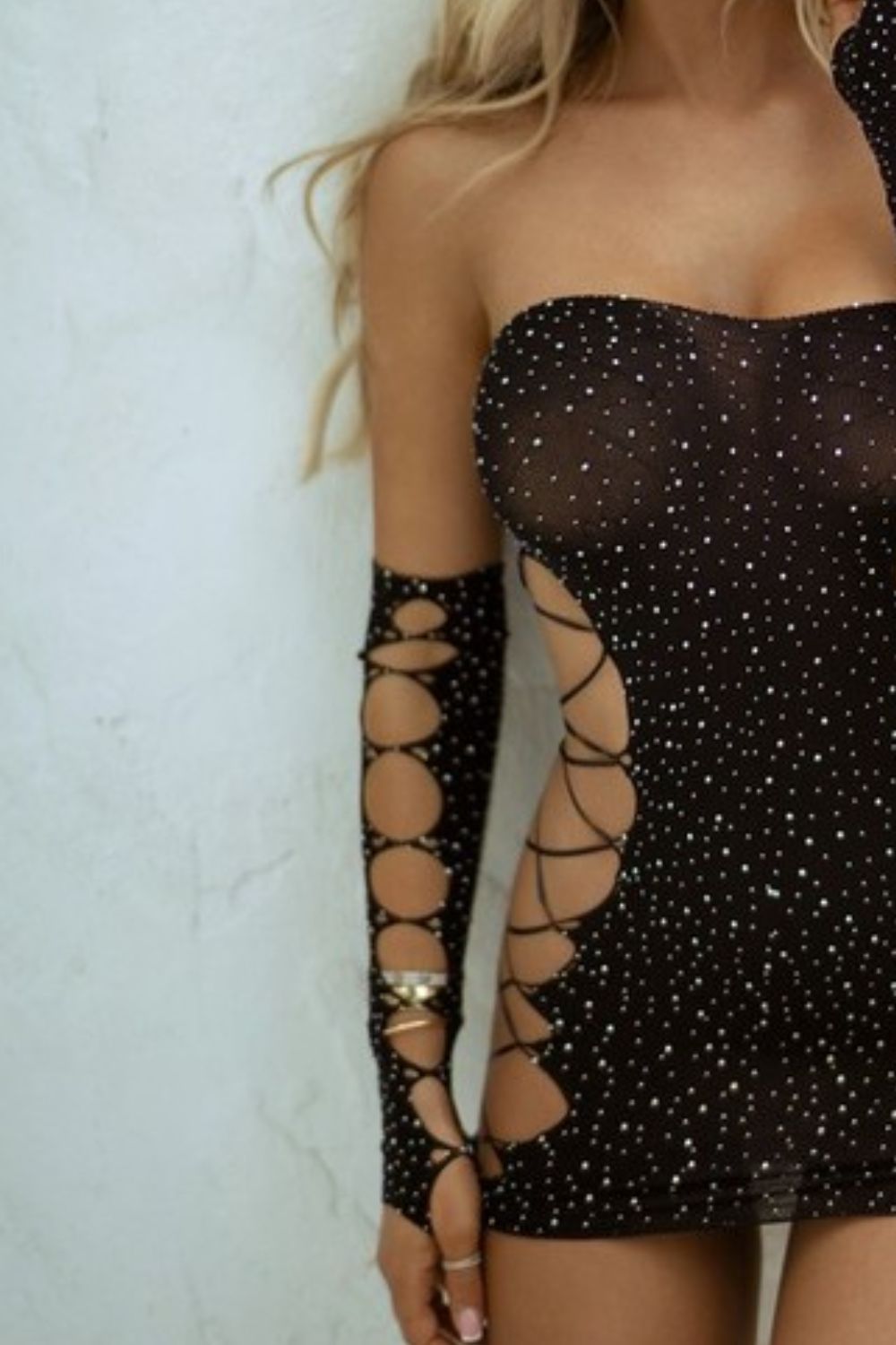 Yelete Rhinestone Lace Up Body Stocking with Gloves-TOPS / DRESSES-[Adult]-[Female]-Black-One Size-2022 Online Blue Zone Planet