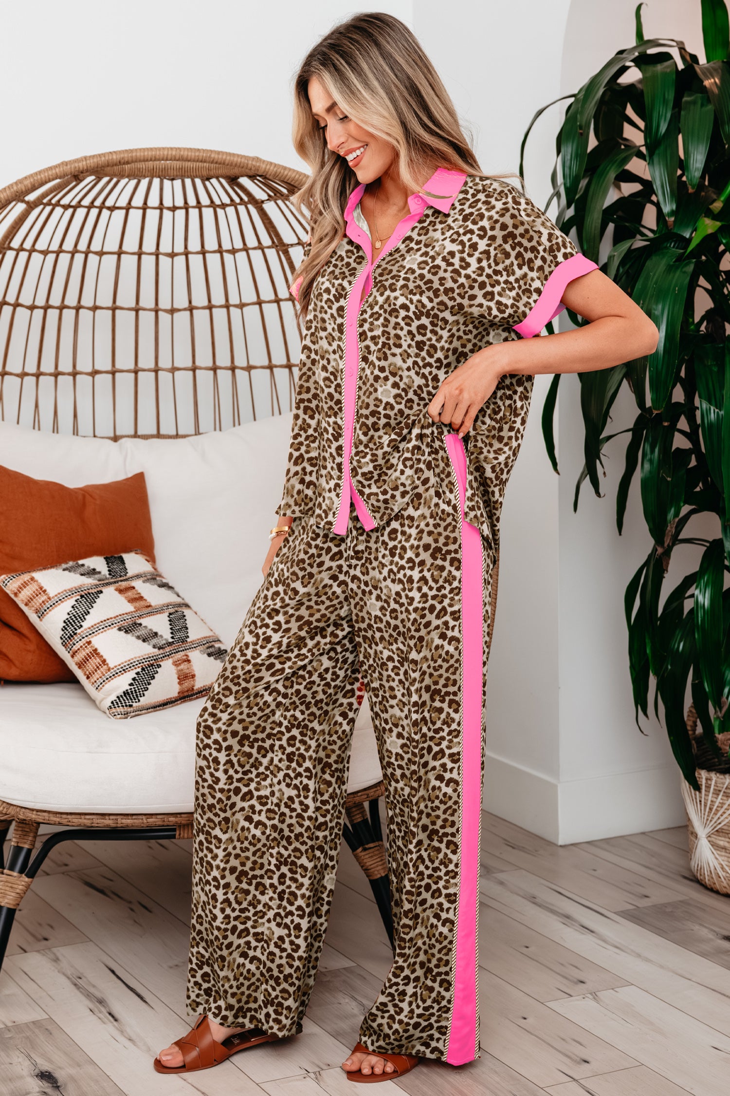 Brown Contrast Trim Leopard Top and Pant Set-Two Piece Sets/Pant Sets-[Adult]-[Female]-2022 Online Blue Zone Planet