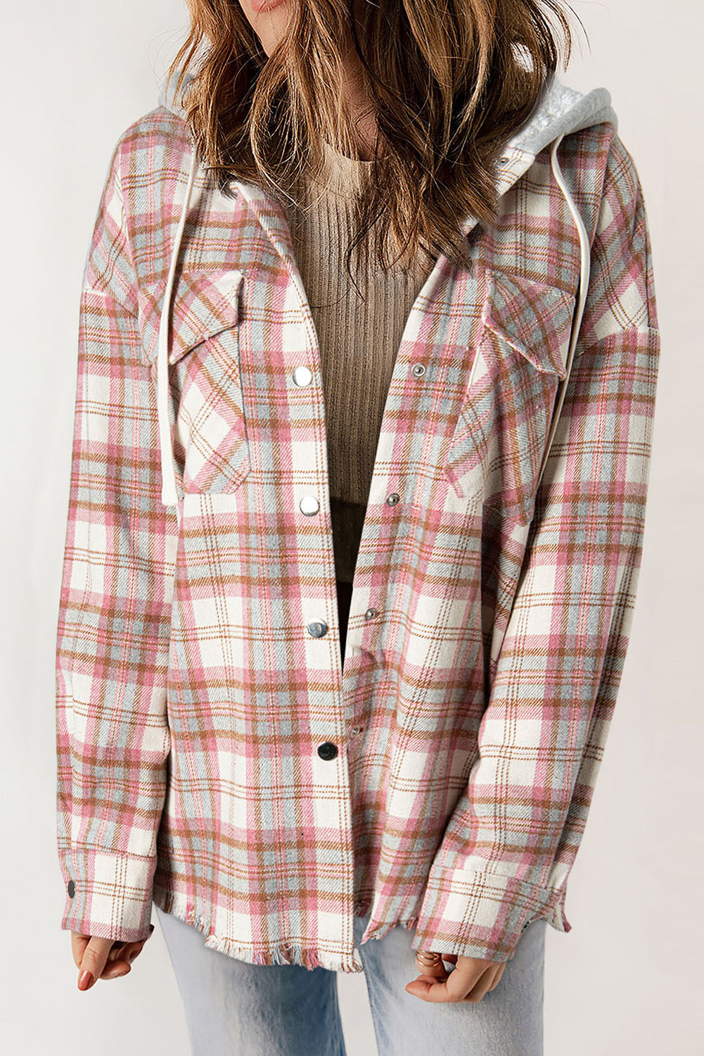 Blue Zone Planet | Multicolour Plaid Flap Pocket Hooded Raw Hem Jacket-Tops / Dresses-[Adult]-[Female]-Multicolour-S-2022 Online Blue Zone Planet