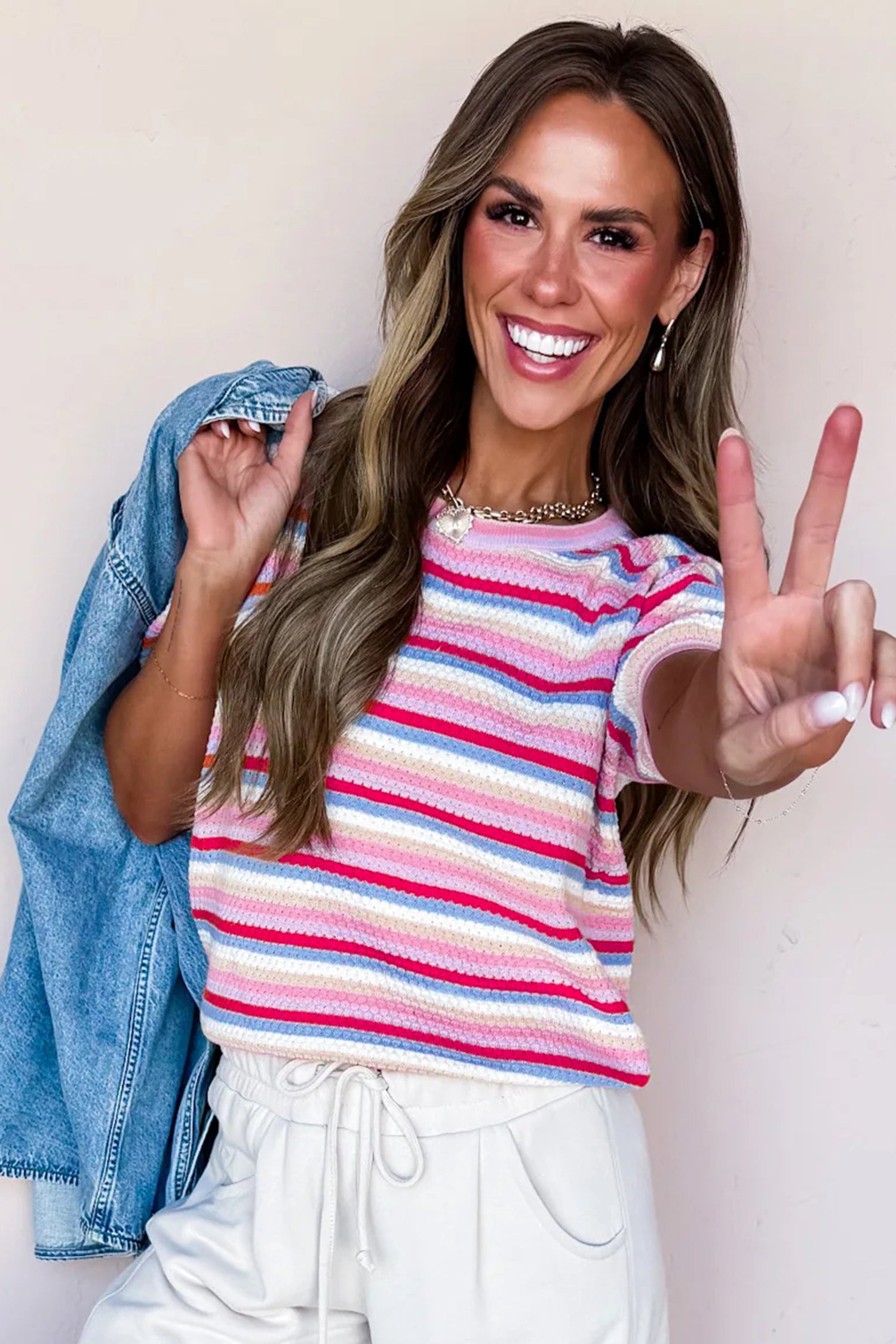 Multicolour Textured Stripes Knit Short Sleeve Sweater-Sweaters & Cardigans/Short Sleeve Sweaters-[Adult]-[Female]-2022 Online Blue Zone Planet