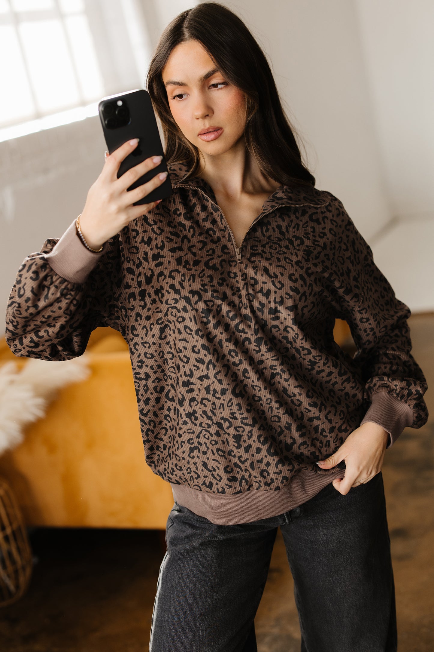 Brown Leopard Print Quarter Zip Corduroy Sweatshirt-Tops/Sweatshirts & Hoodies-[Adult]-[Female]-2022 Online Blue Zone Planet