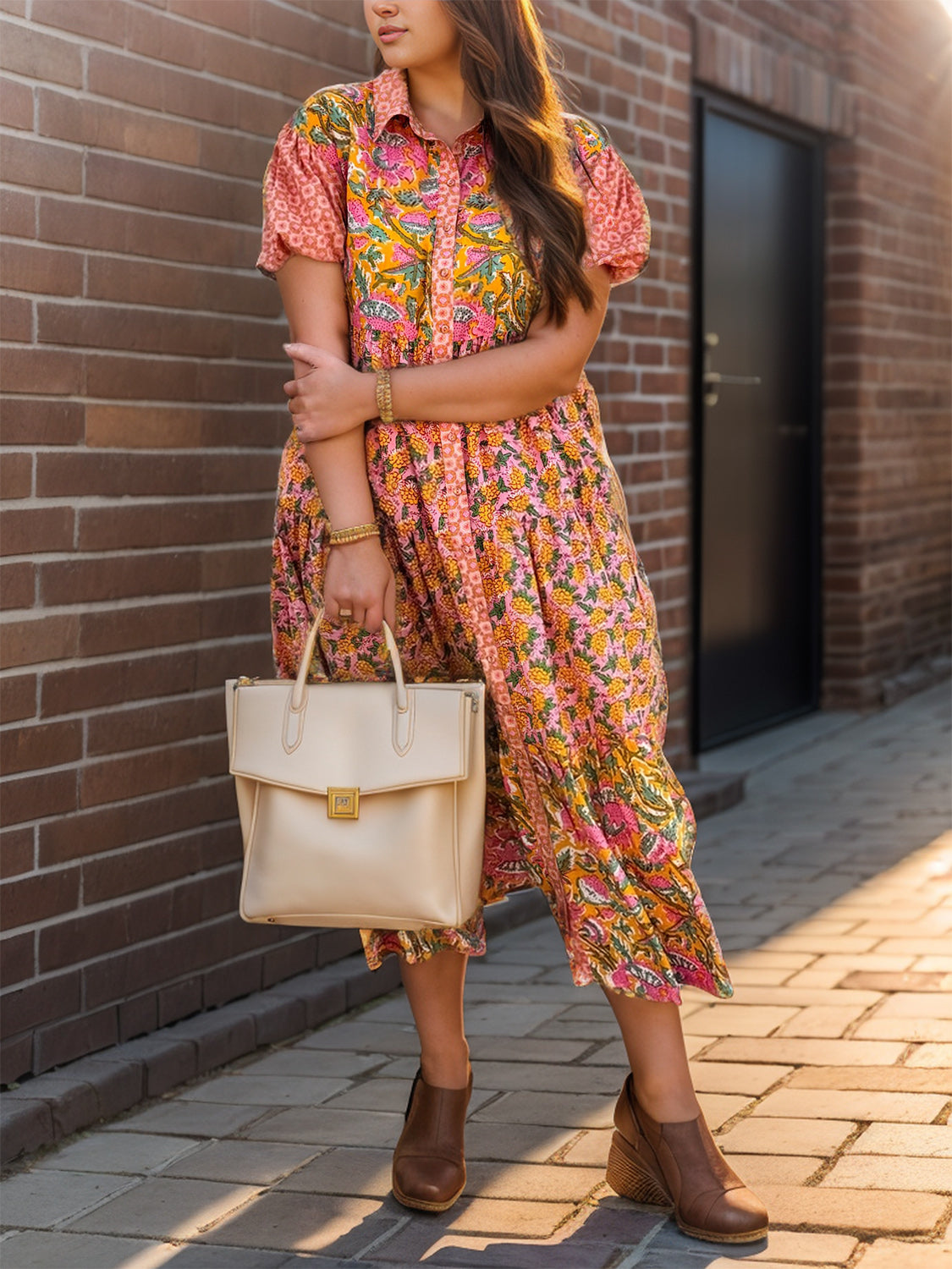 Blue Zone Planet | Printed Collared Neck Short Sleeve Midi Dress-TOPS / DRESSES-[Adult]-[Female]-2022 Online Blue Zone Planet