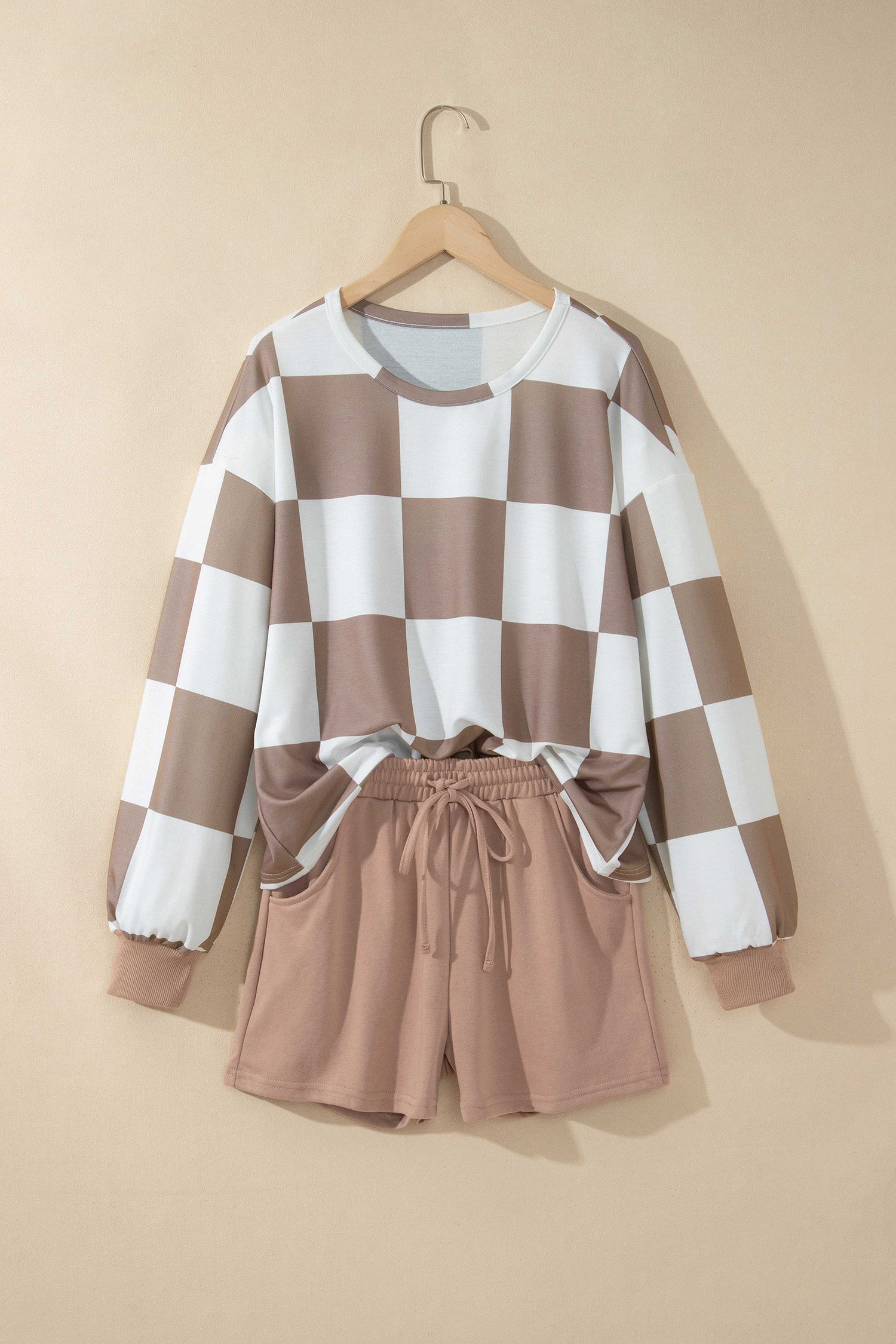 Khaki Checkerboard Plaid Long Sleeve Solid Color Shorts 2pcs Set-Two Piece Sets/Short Sets-[Adult]-[Female]-2022 Online Blue Zone Planet