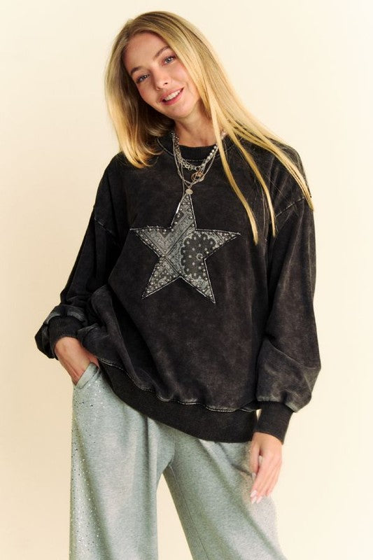 Davi & Dani Stud Star Patch Acid Washed Sweatshirt-TOPS / DRESSES-[Adult]-[Female]-Black-S-2022 Online Blue Zone Planet